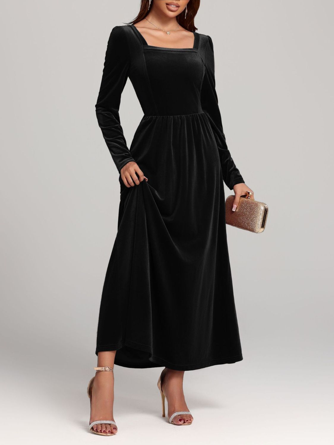 Faerie Velvet Square Neck Long Sleeve Dress | 4 Colors | Poundton-Tactilefable