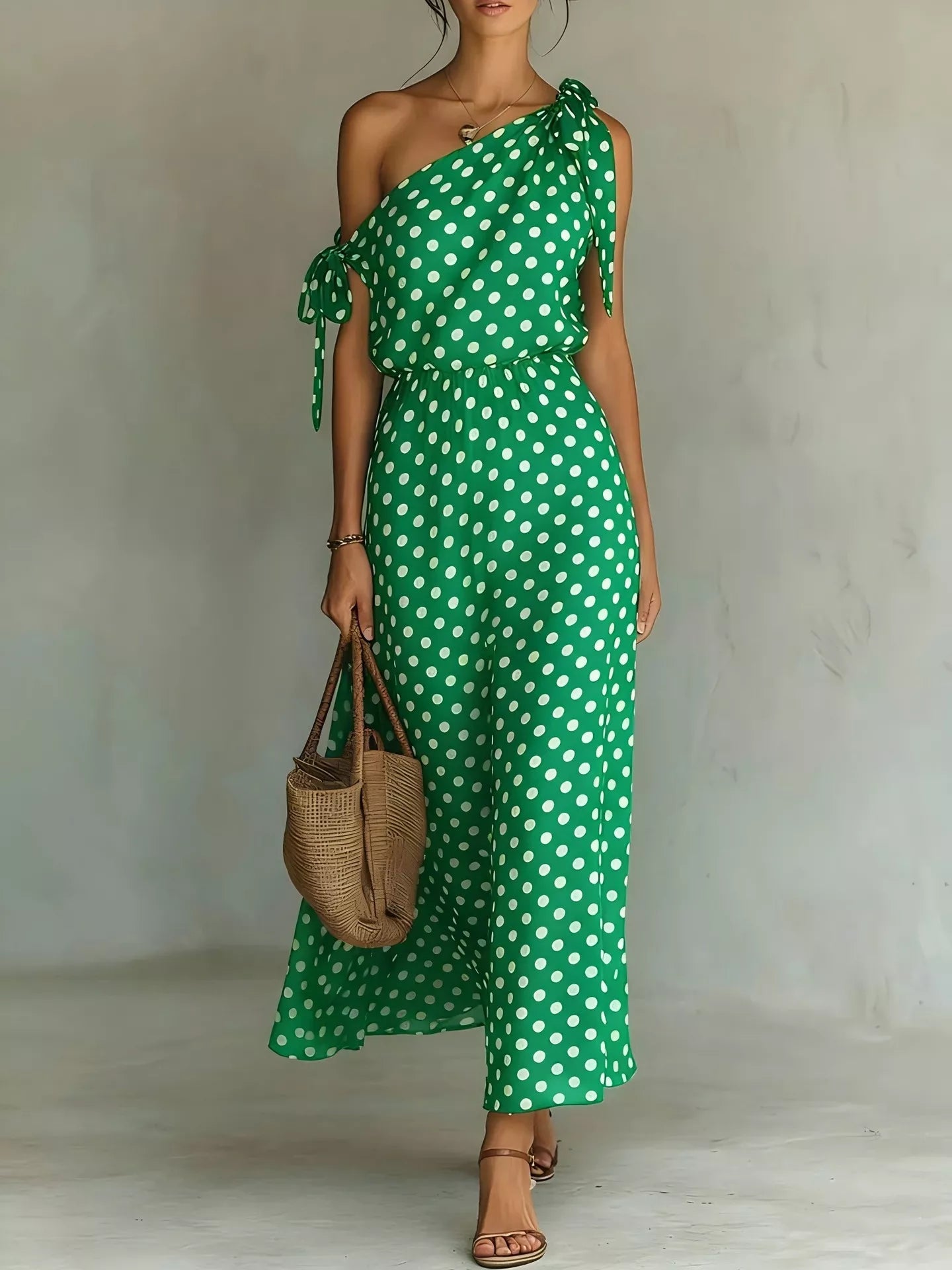 Dorothea One-Shoulder Polka Dot Midi Dress | 6 Colors-Tactilefable