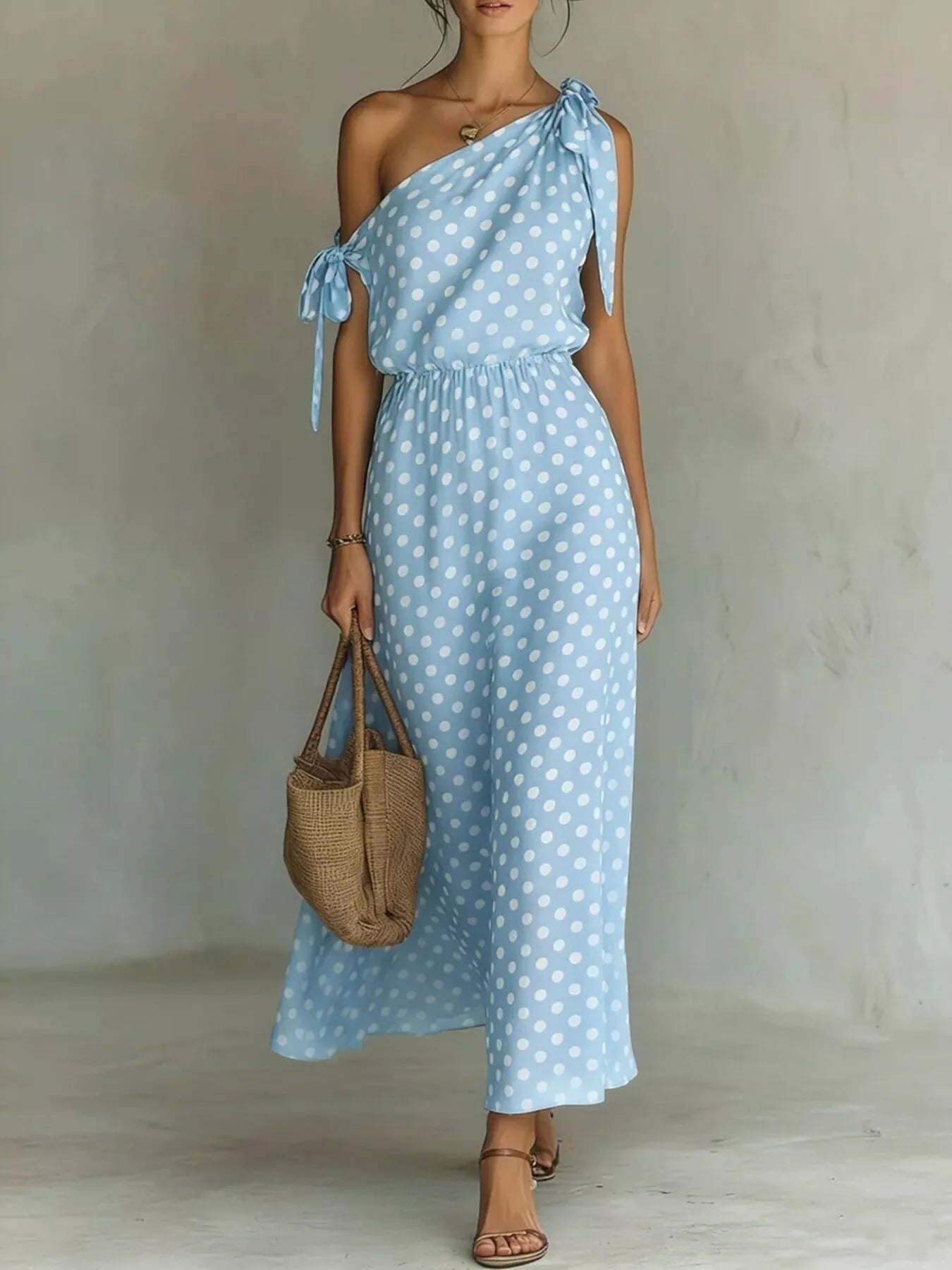 Dorothea One-Shoulder Polka Dot Midi Dress | 6 Colors-Tactilefable
