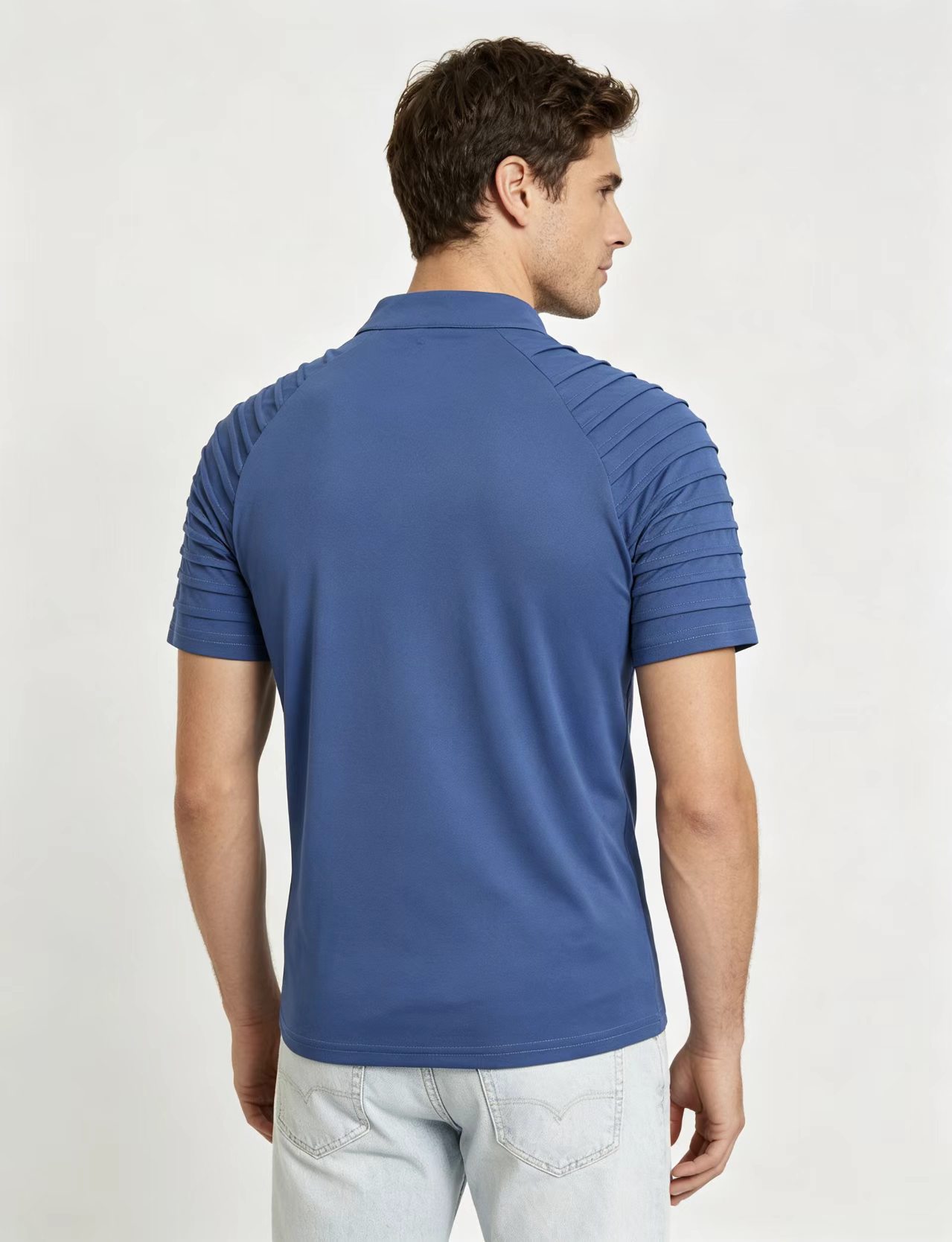 Men's Stand Collar Half Zip Short Sleeve Shirt, Pleated Raglan Shoulder Solid Color Casual Tee-TACTILEFABLE