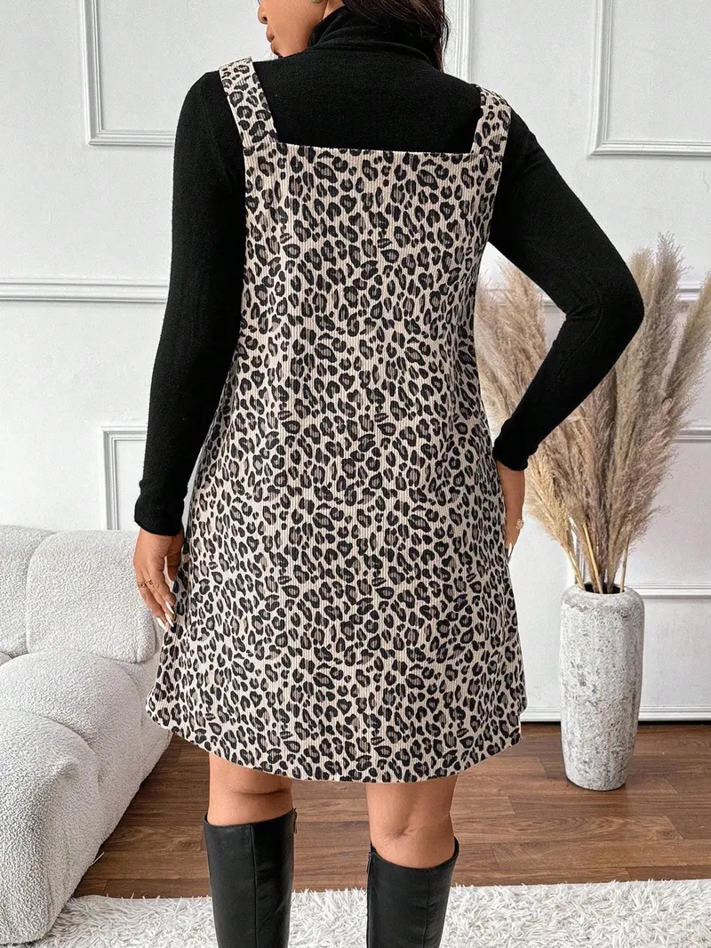 Women's High Neck Inner Layer + Leopard Print Strap Skirt Set, Casual Daily Spring Autumn Commuter, Two-Piece Ensemble, Top And Skirt Set