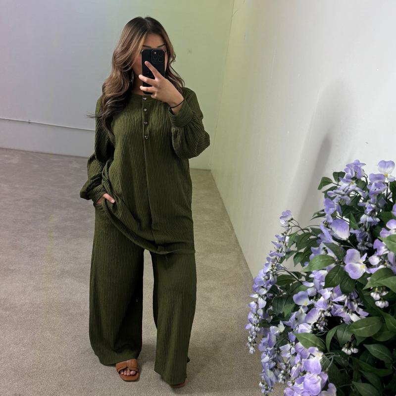 Crinkle Plissé Button-Up Top & Wide-Leg Trouser Set