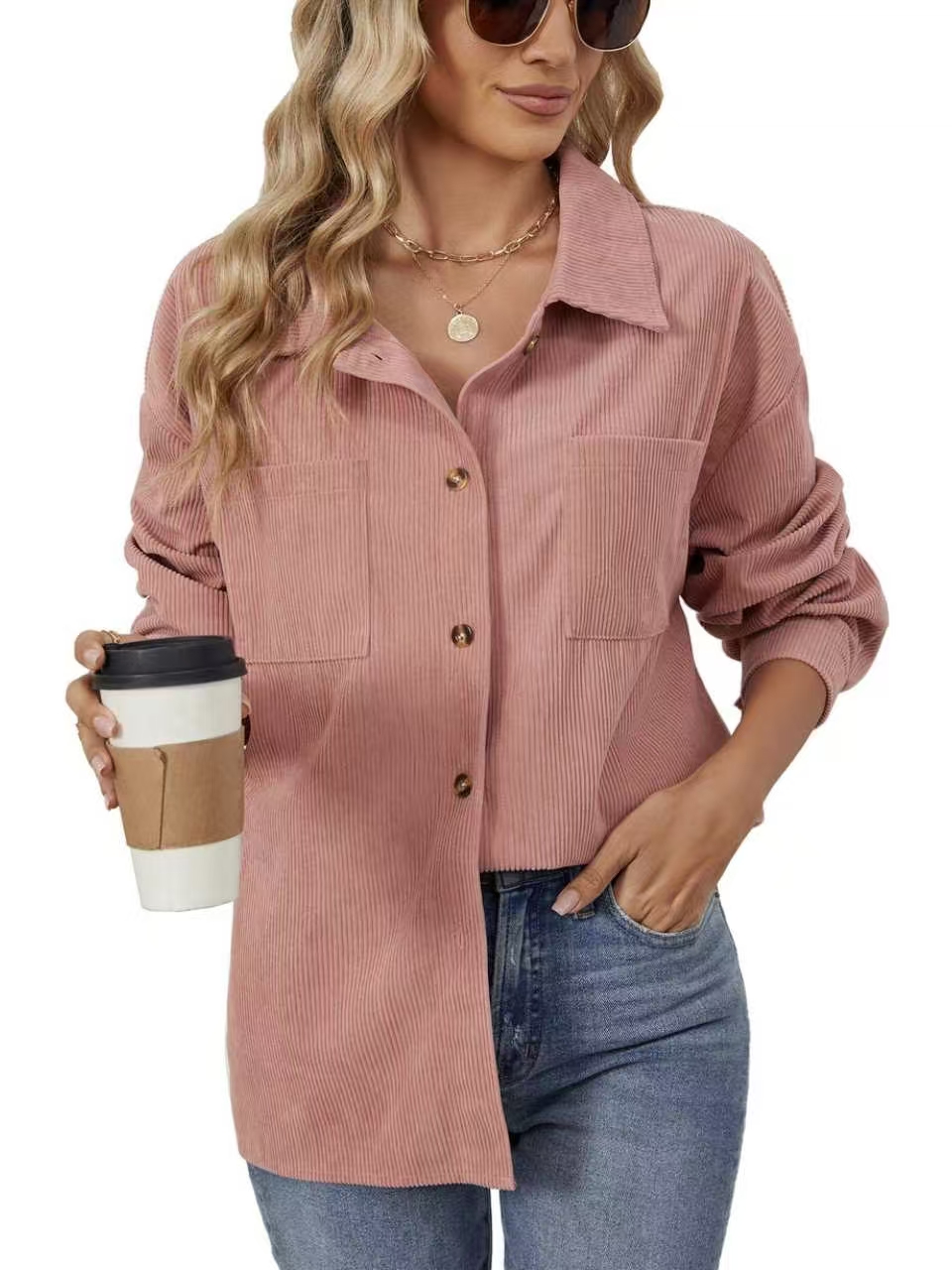 Women Loose Mid-Length Corduroy Shirt, Lapel Button Down Casual Fall Tunic Top-Tactilefable
