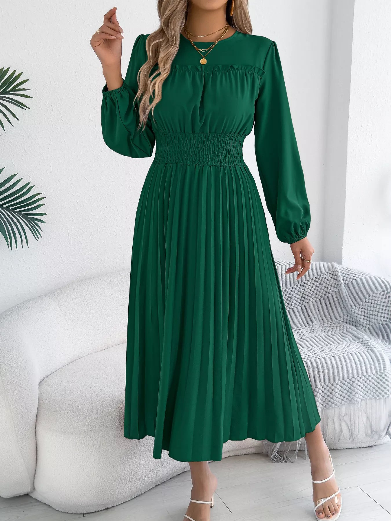 Pleated Waist-Defined Midi Dress | 3 Colors | Poundton-Tactilefable