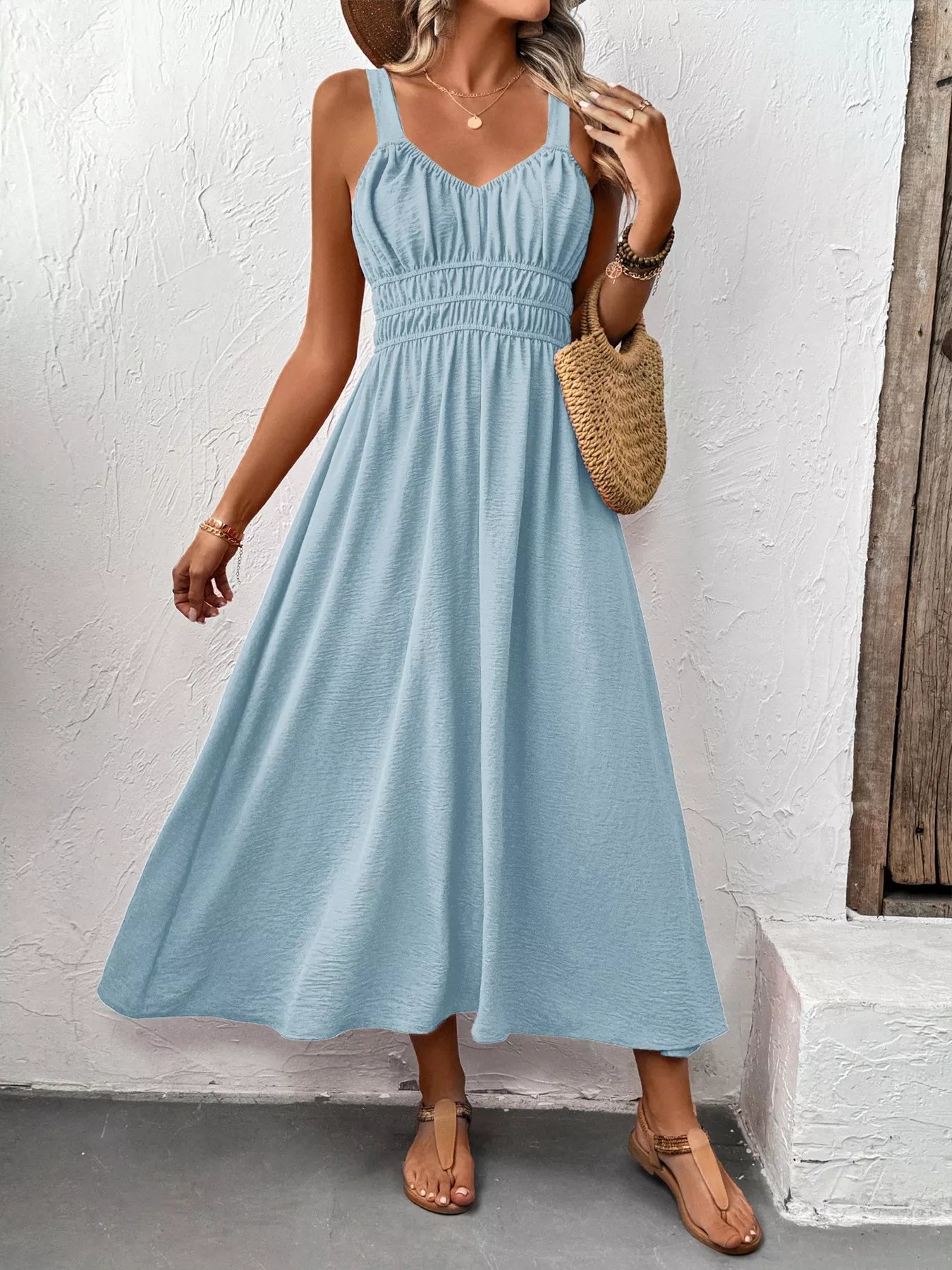 Smocked Sundress Midi | Light Blue or Coffee Brown-Tactilefable