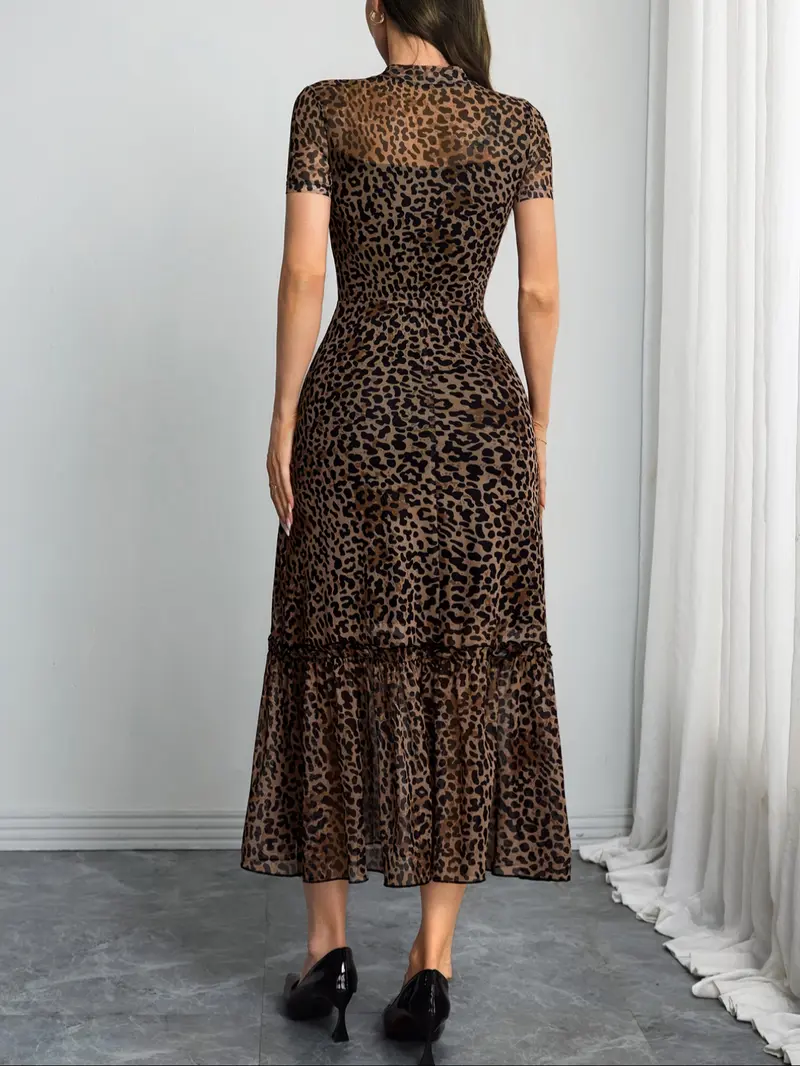 Women's Sexy Leopard Print Elegant Round Neck Mesh Skirt Dress, Stylish Casual Fashion, Perfect for Parties and Daily Wear, Date Night Dresses
