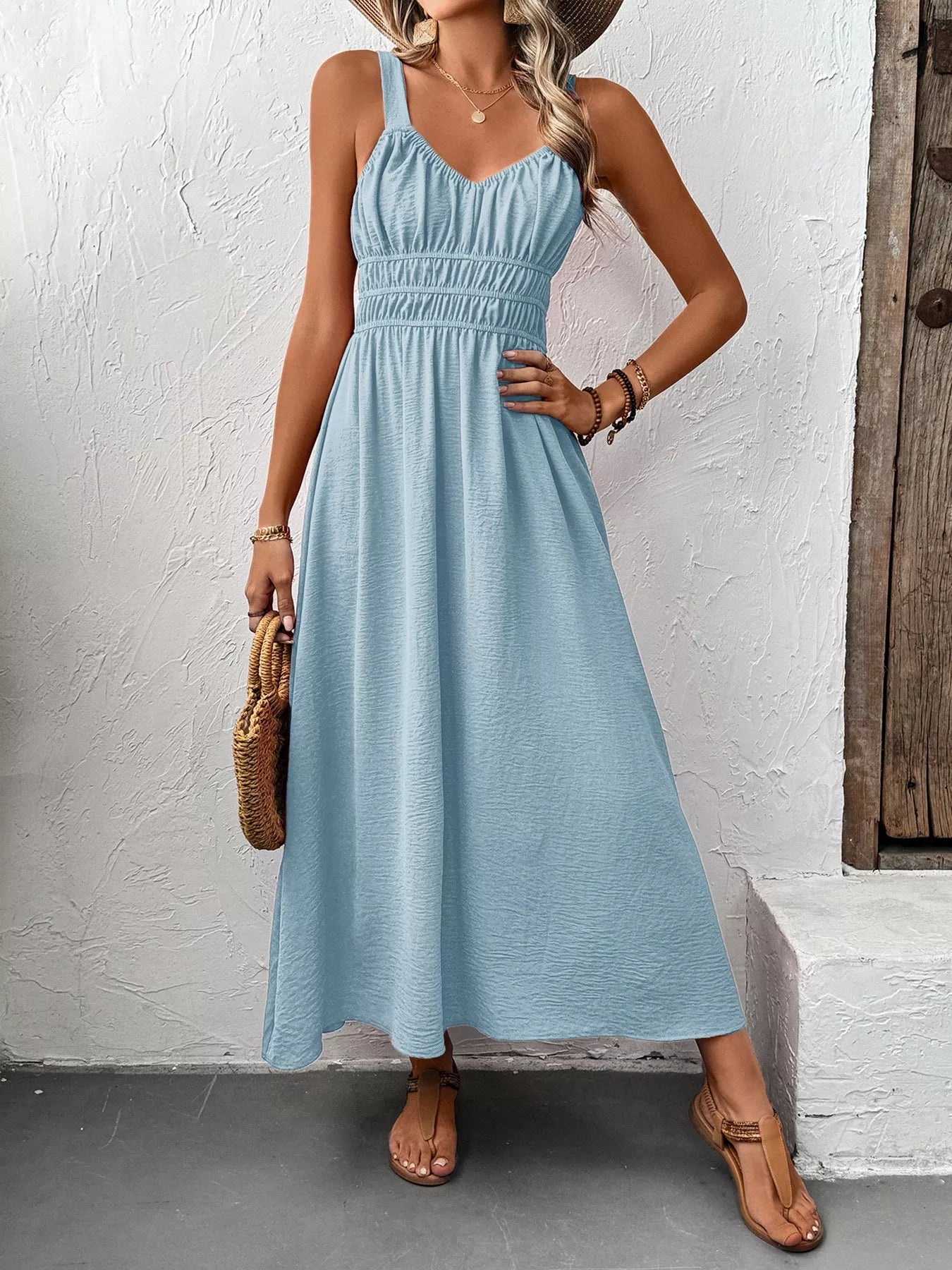 Smocked Sundress Midi | Light Blue or Coffee Brown-Tactilefable