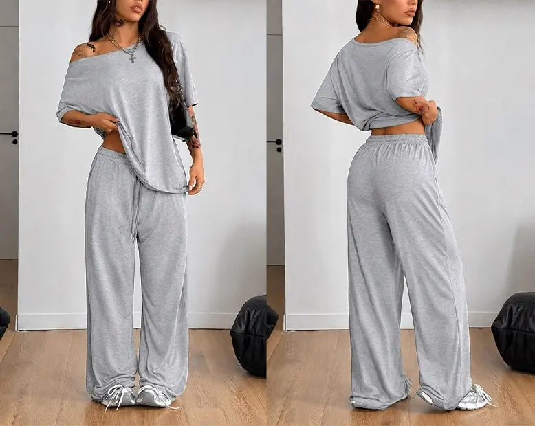 2 Pcs/Set Women's Minimalist Basic Daily Wear, Going Out, Sport Comfortable Off Shoulder T-Shirt and Wide Leg Pants Two Pieces Outfits, Womenswear 2 Pcs/Set Women's Minimalist Basic Daily Wear, Going Out, Sport Comfortable Off Shoulder T-Shirt and Wide Leg Pants Two Pieces Outfits, Womenswear