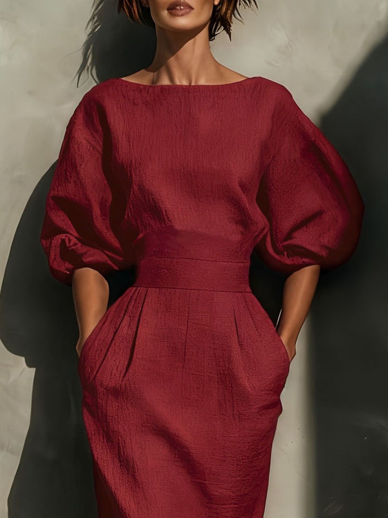 Puff-Sleeve Midi Dress with Pockets | 3 Colors-Tactilefable