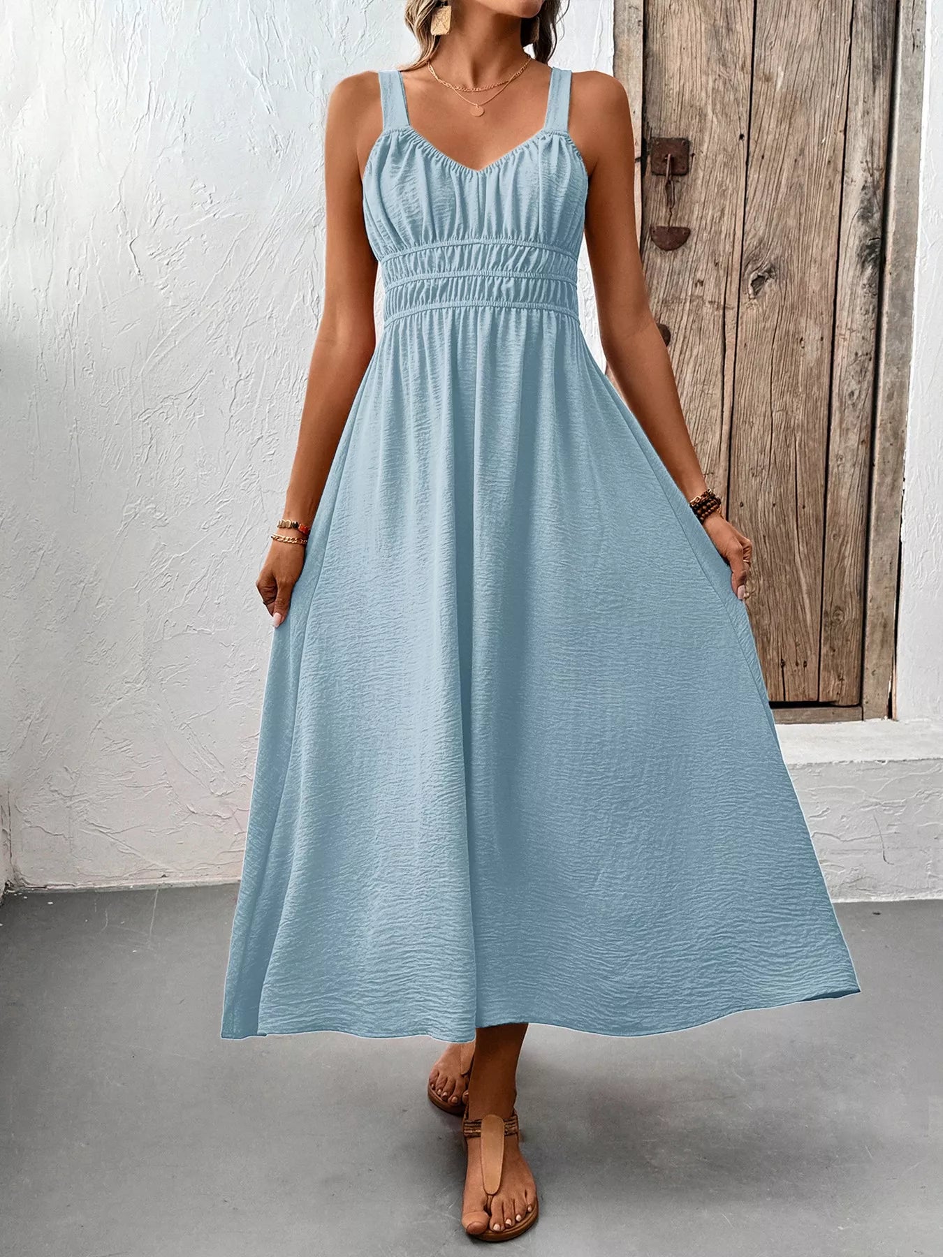 Smocked Sundress Midi | Light Blue or Coffee Brown-Tactilefable