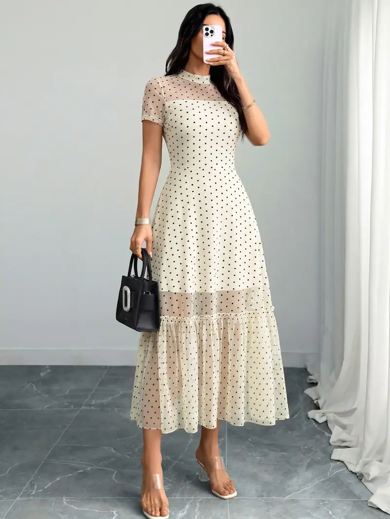 Women's Sexy Leopard Print Elegant Round Neck Mesh Skirt Dress, Stylish Casual Fashion, Perfect for Parties and Daily Wear, Date Night Dresses
