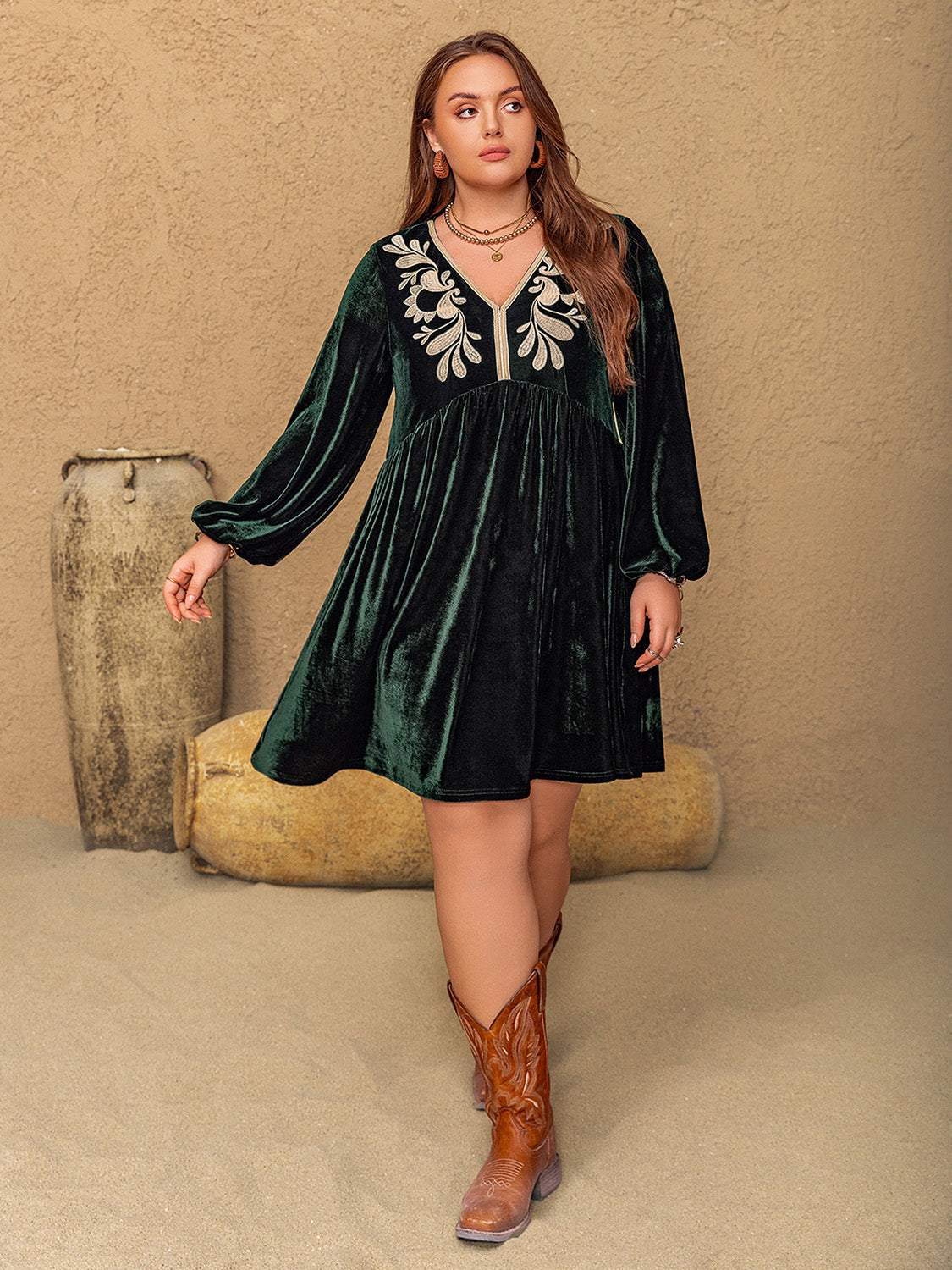 Embroidered V-Neck Long Sleeve Dress | Poundton-Tactilefable