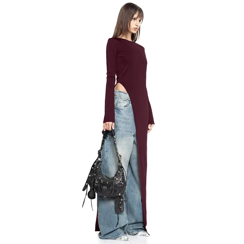 Women's Plain Asymmetrical Split Hem Slit Design Boat Neck Dress, Casual Long Sleeve Dress for Spring & Fall, Women's Clothing for Daily Wear Women's Plain Asymmetrical Split Hem Slit Design Boat Neck Dress, Casual Long Sleeve Dress for Spring & Fall, Women's Clothing for Daily Wear