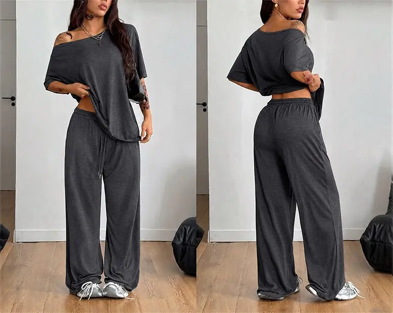 2 Pcs/Set Women's Minimalist Basic Daily Wear, Going Out, Sport Comfortable Off Shoulder T-Shirt and Wide Leg Pants Two Pieces Outfits, Womenswear 2 Pcs/Set Women's Minimalist Basic Daily Wear, Going Out, Sport Comfortable Off Shoulder T-Shirt and Wide Leg Pants Two Pieces Outfits, Womenswear