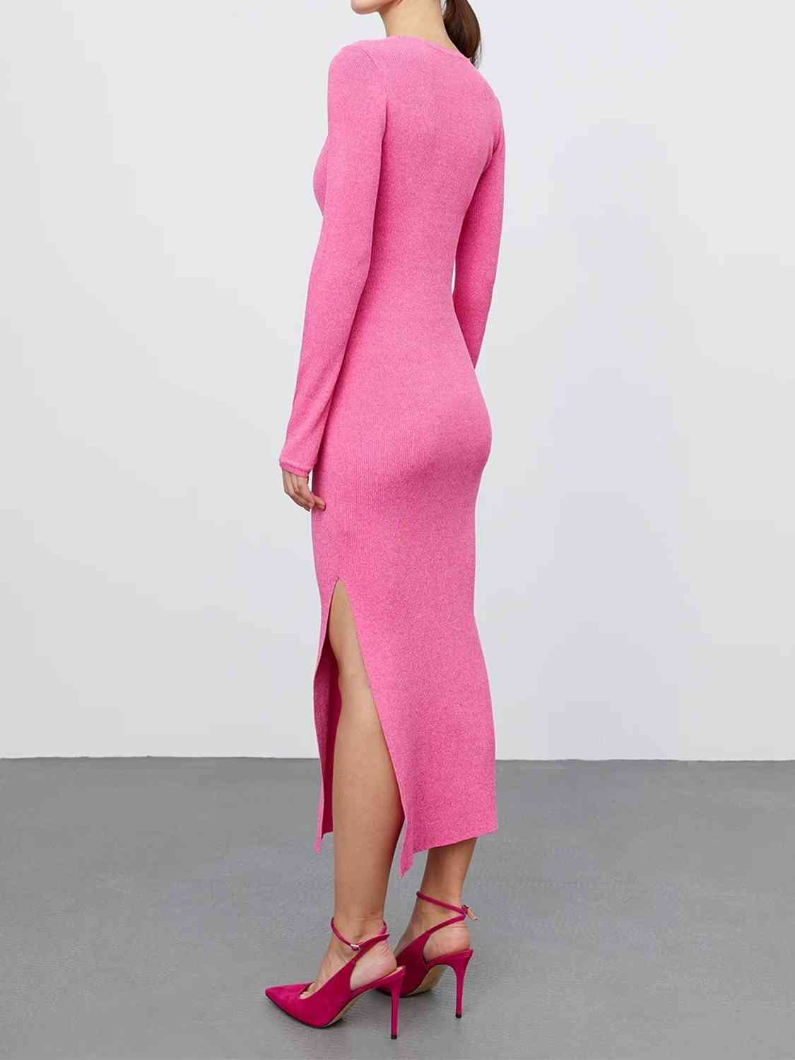 Autoamerican 80's Round Neck Side Slit Sweater Dress-Tactilefable