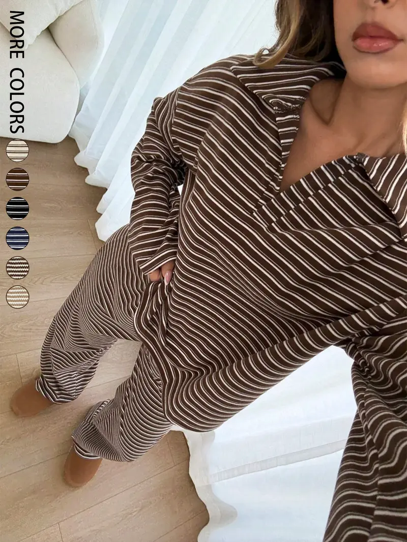 Women's 2pcs Set Loose Striped V-Neck Drop Shoulder Long Sleeve T-Shirt &Elastic Waist Striped Pants, Brown, Casual Sets For Women, Pajamas Set, Sleepwear Loungewear, Casual Sets For Women Brown Two Piece Set Women