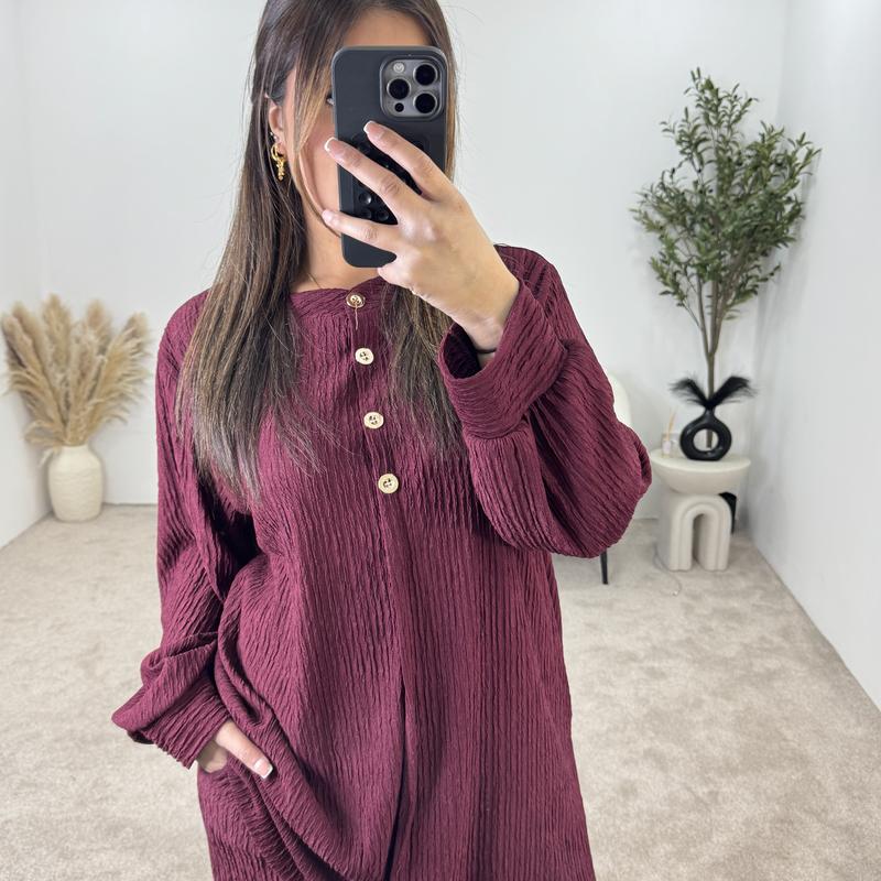 Crinkle Plissé Button-Up Top & Wide-Leg Trouser Set