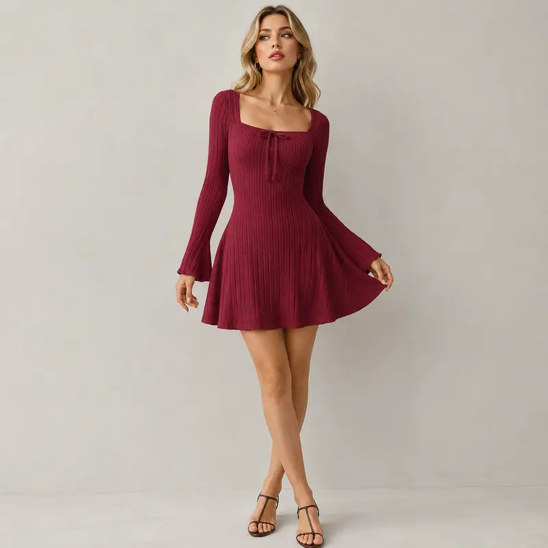 Vestido Corto Ajustado con Escote Cuadrado y Mangas Acampanadas