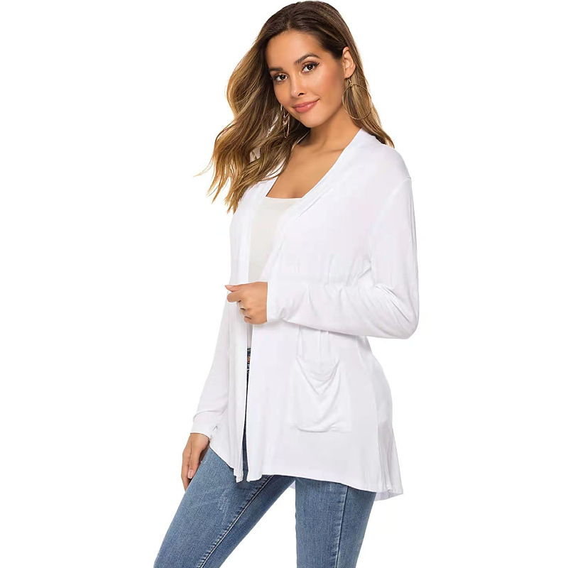 Women's Modal Long Sleeve Open Front Cardigan, V Neck Mid Length Casual Knit Cardigan with Pockets-TACTILEFABLE
