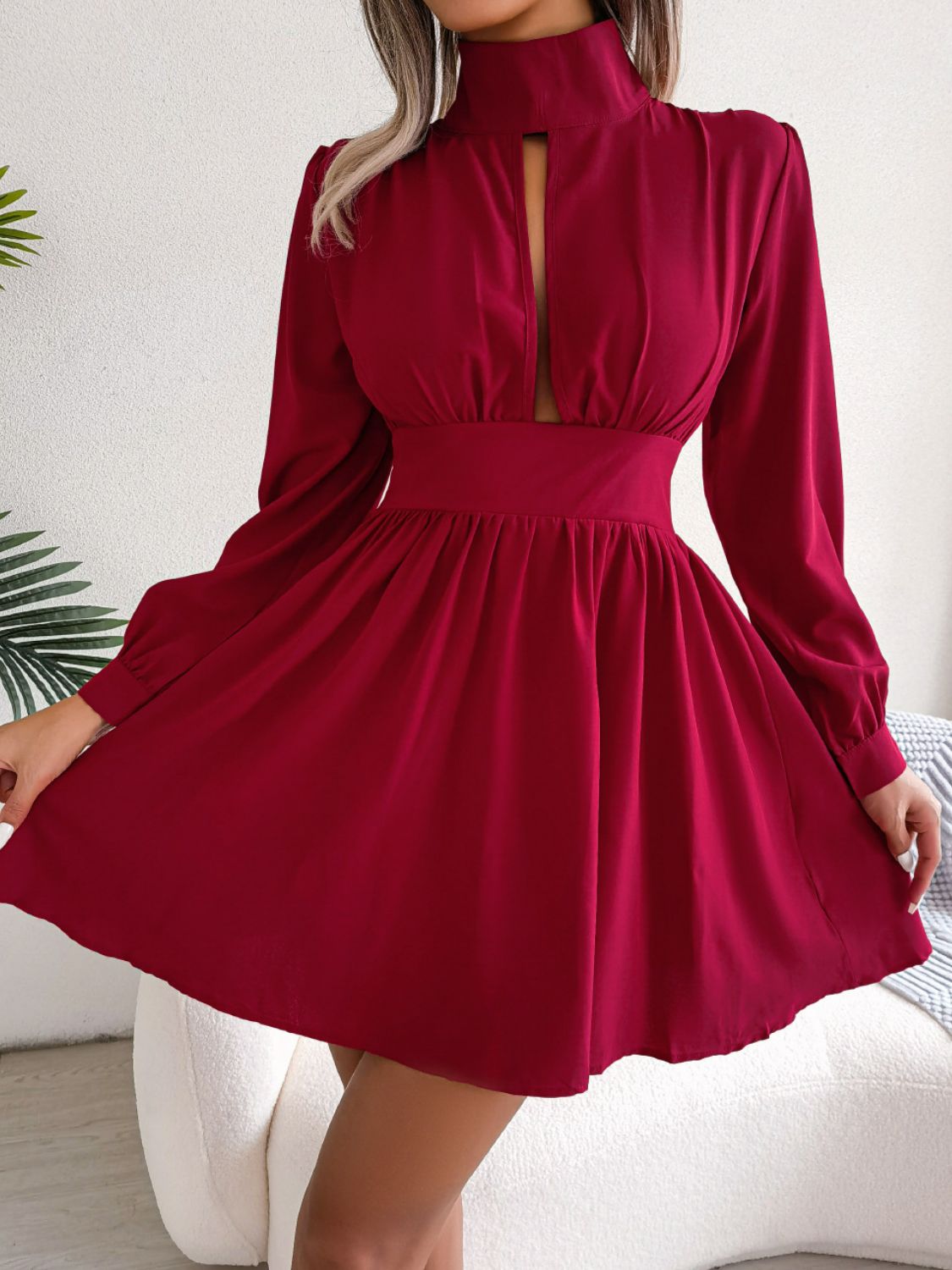 Jennifer Cutout Turtleneck A-Line 80s Swing Mini Dress | 3 Colors-Tactilefable