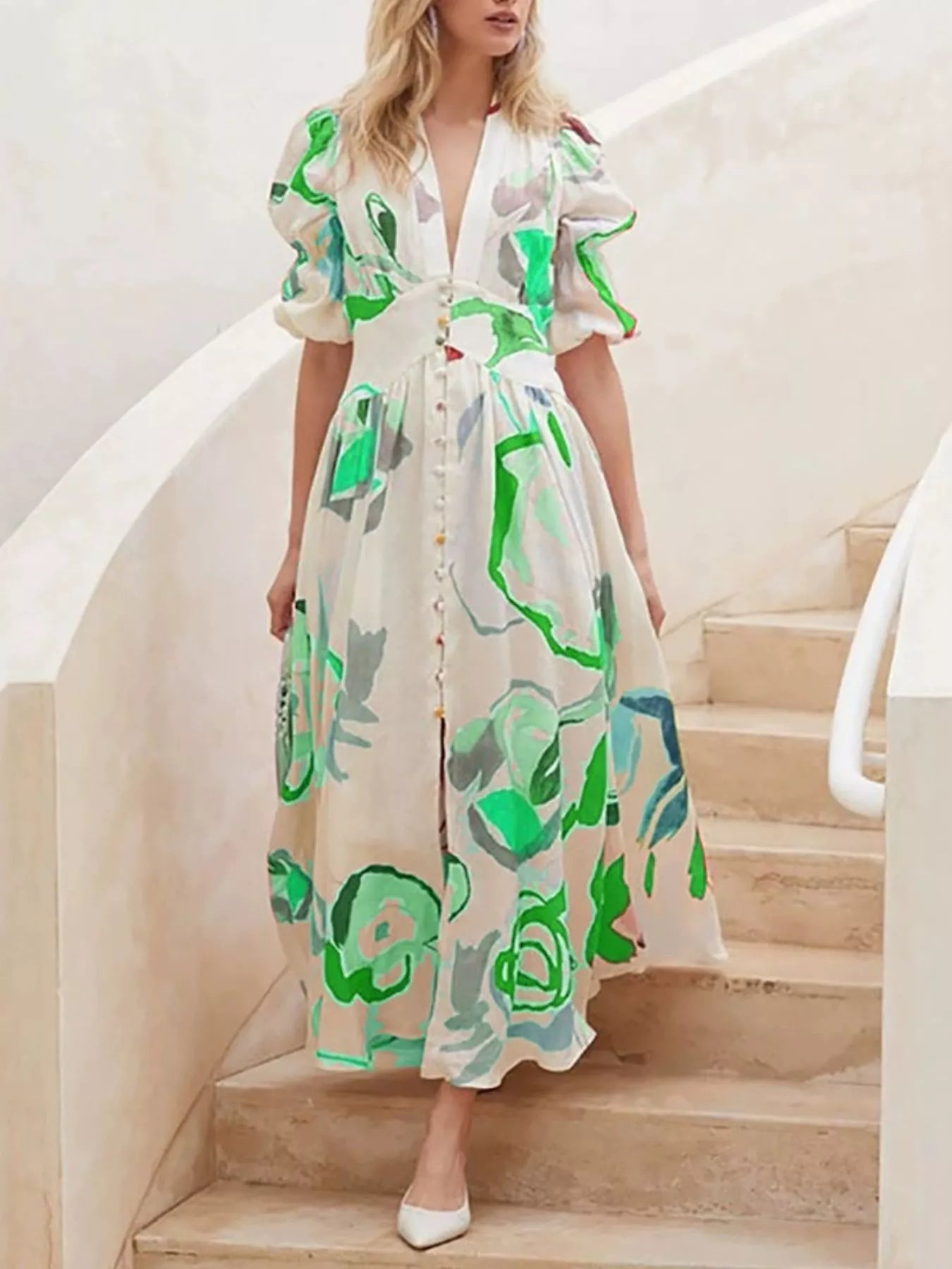 Genevieve Painted Print Puff Sleeve Maxi Dress | 5 Colors-Tactilefable