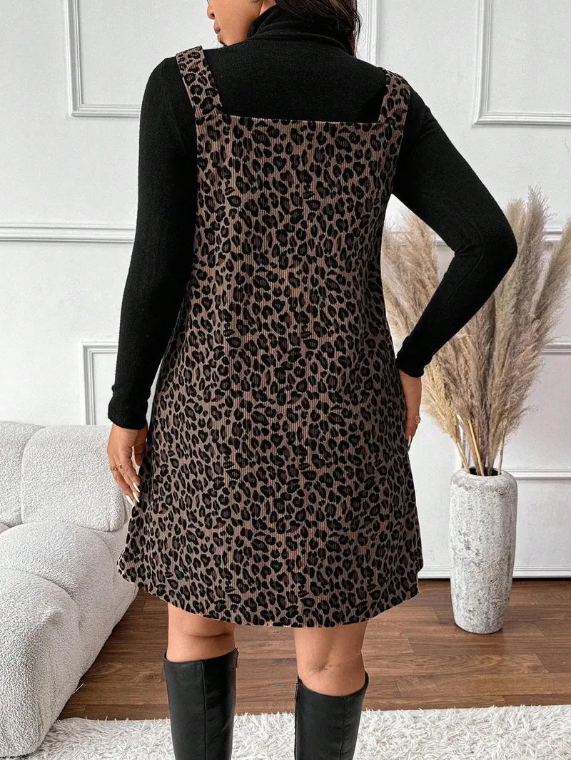 Women's High Neck Inner Layer + Leopard Print Strap Skirt Set, Casual Daily Spring Autumn Commuter, Two-Piece Ensemble, Top And Skirt Set