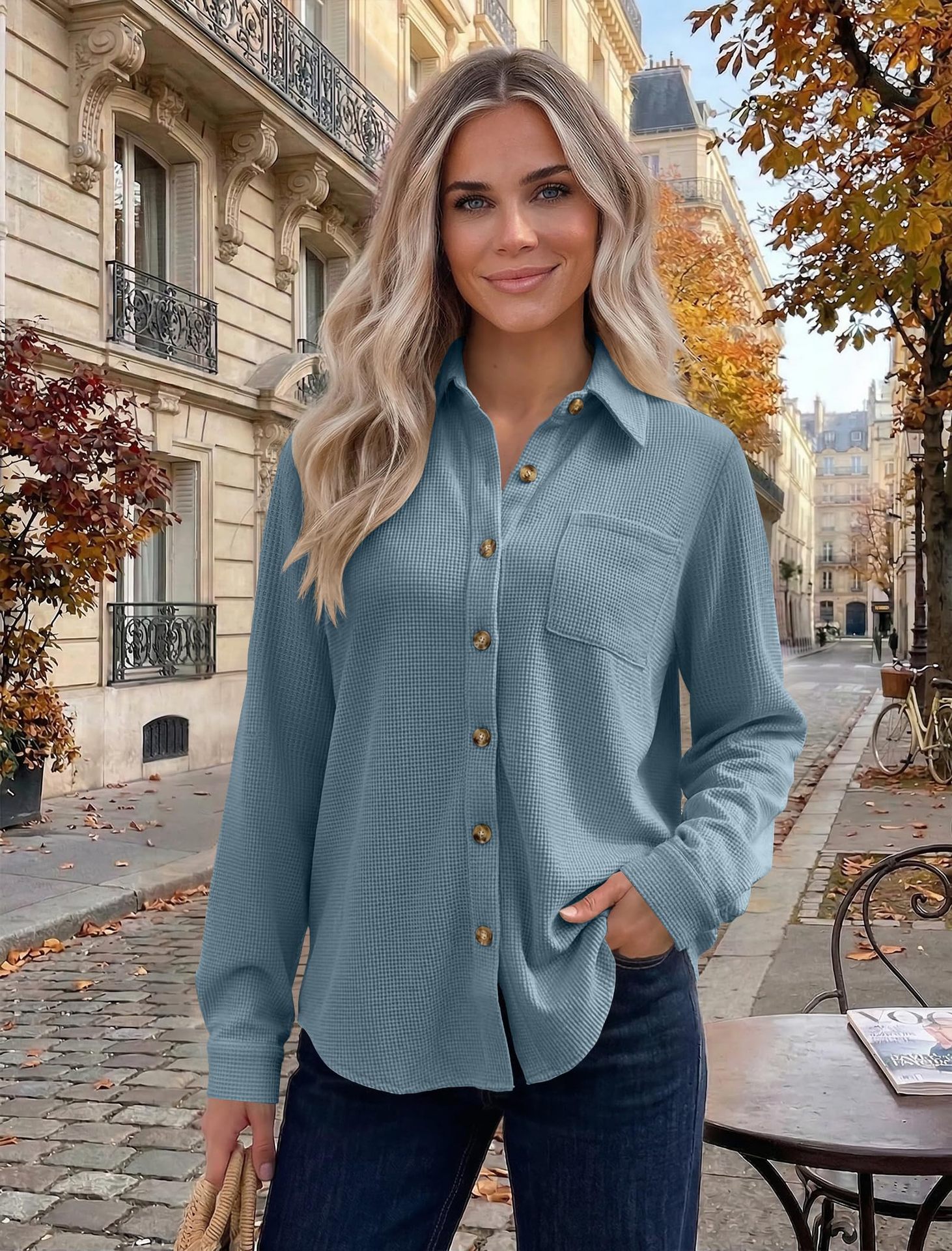 Women's Casual Waffle Knit Top, Button Down Long Sleeve Shacket-Tactilefable