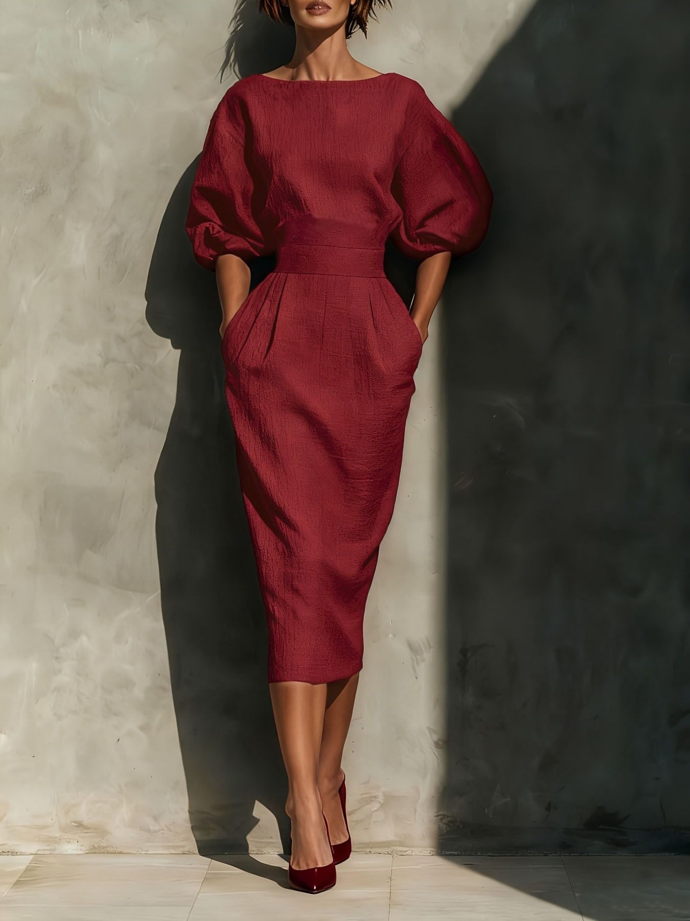 Puff-Sleeve Midi Dress with Pockets | 3 Colors-Tactilefable