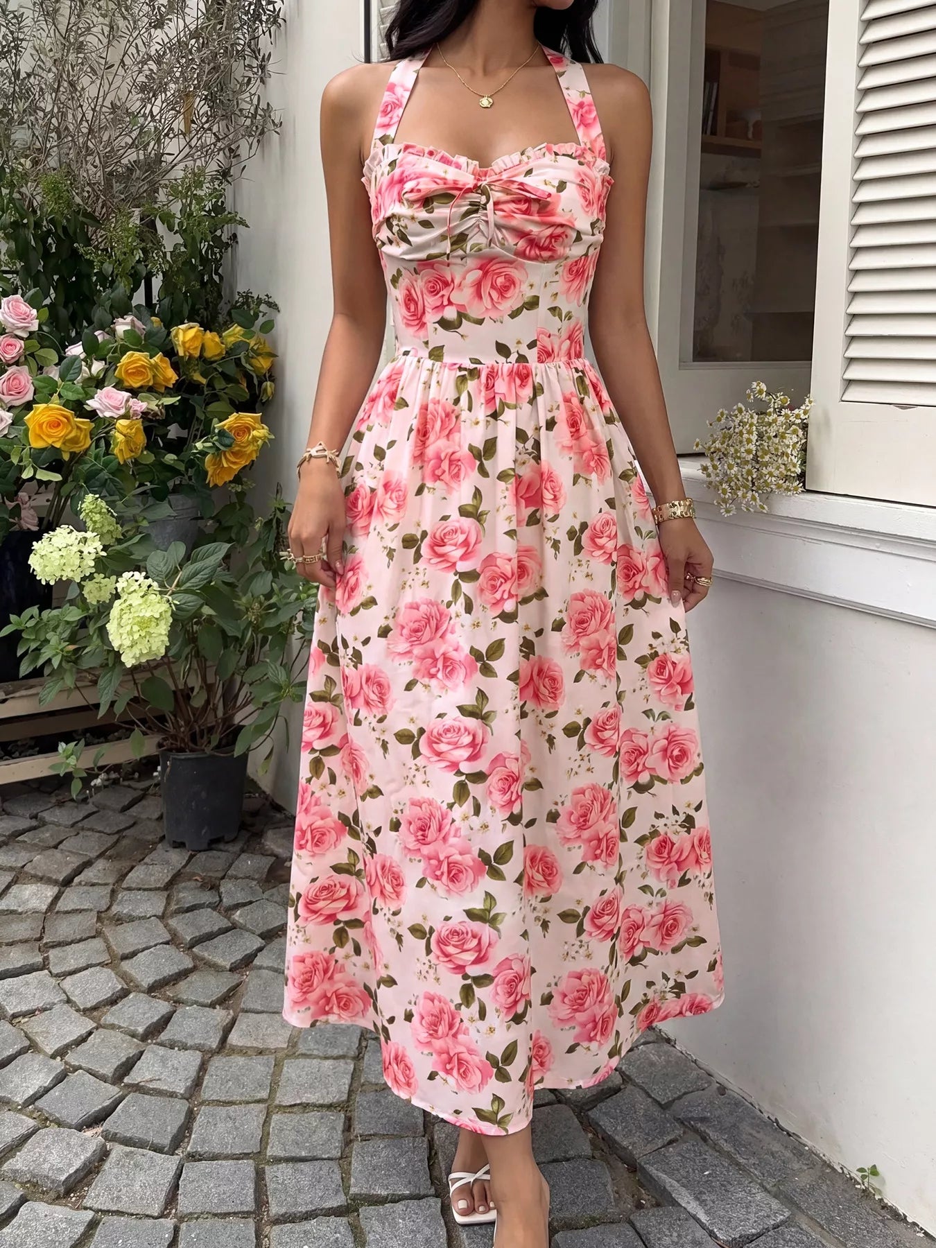 Floral Halter Midi Dress-Tactilefable