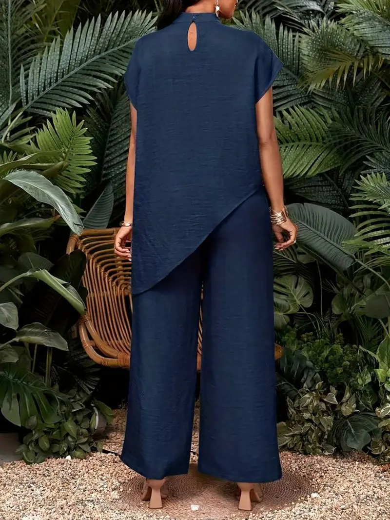 【Black Friday】Summer Women's Solid Stand Collar Asymmetrical Top & High Waist Wide Leg Pants Set, Casual Two-Piece Set for Business & Daily Wear, Womenswear 【Black Friday】Summer Women's Solid Stand Collar Asymmetrical Top & High Waist Wide Leg Pants Set, Casual Two-Piece Set for Business & Daily Wear, Womenswear