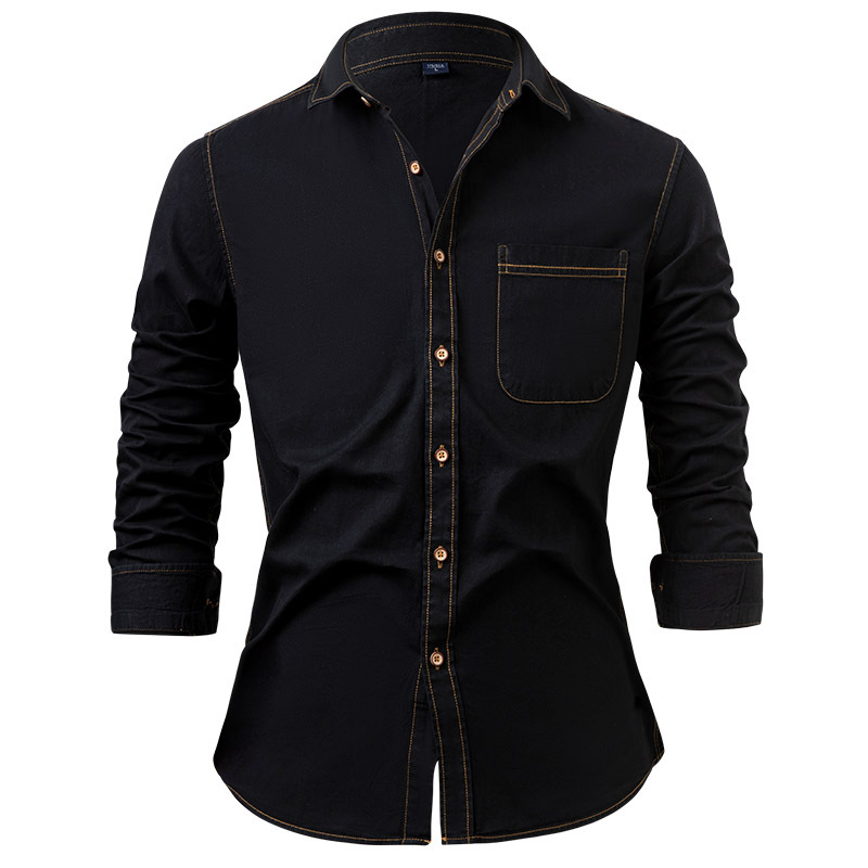 Men's Denim Shirt, Pure Cotton, Wrinkle-Free, Solid Color, Long Sleeve-Tactilefable