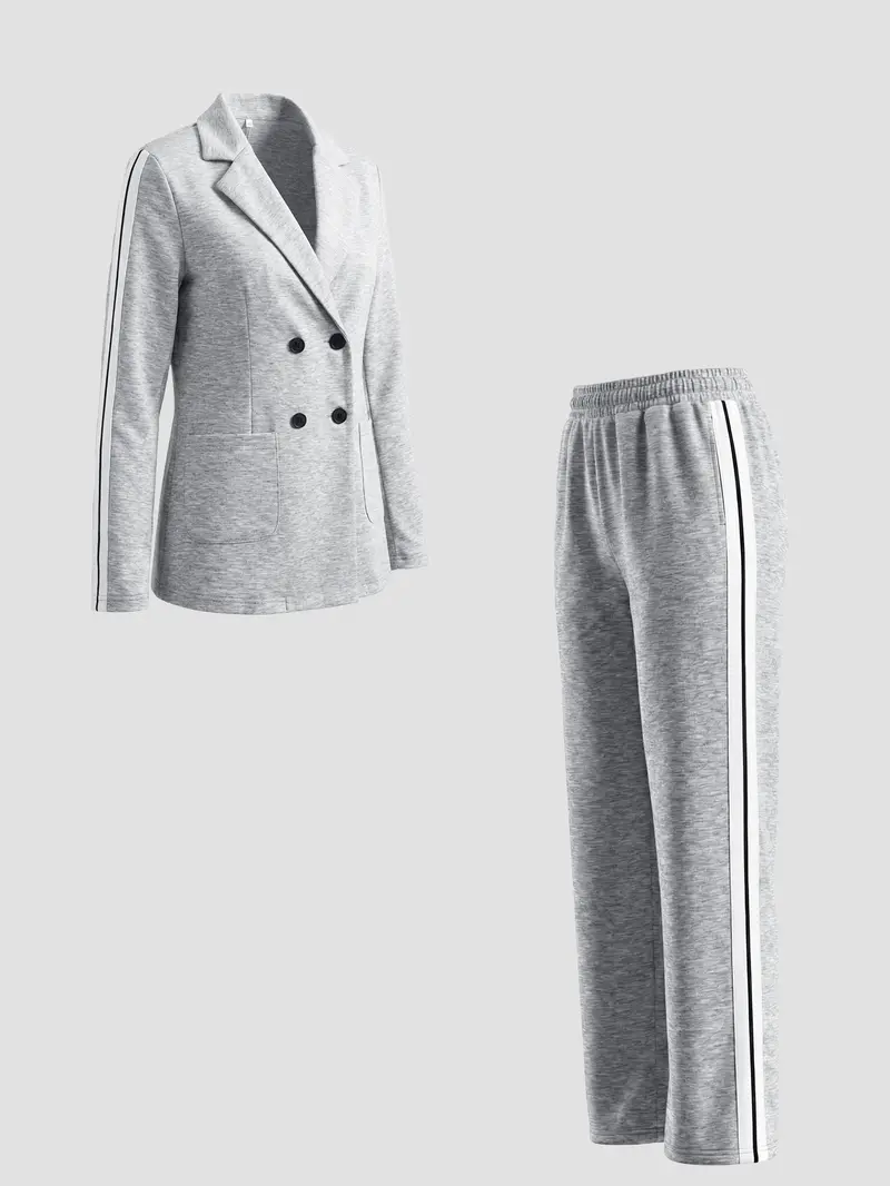 Women's Fall Winter Suit Set, Blazer + Wide Leg Striped Pants, Casual Daily Wear, Home & Outdoors Essential, Includes Pockets