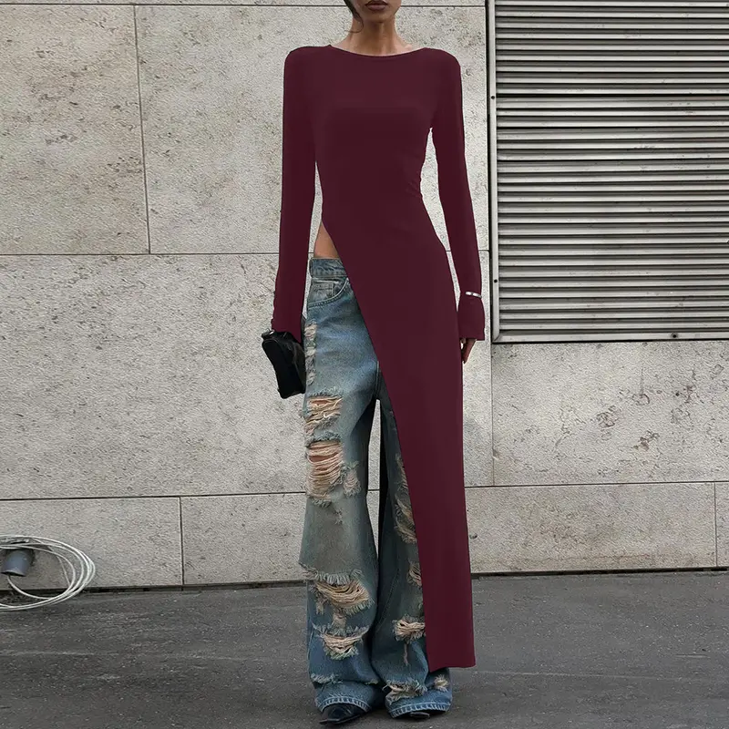 Women's Plain Asymmetrical Split Hem Slit Design Boat Neck Dress, Casual Long Sleeve Dress for Spring & Fall, Women's Clothing for Daily Wear Women's Plain Asymmetrical Split Hem Slit Design Boat Neck Dress, Casual Long Sleeve Dress for Spring & Fall, Women's Clothing for Daily Wear