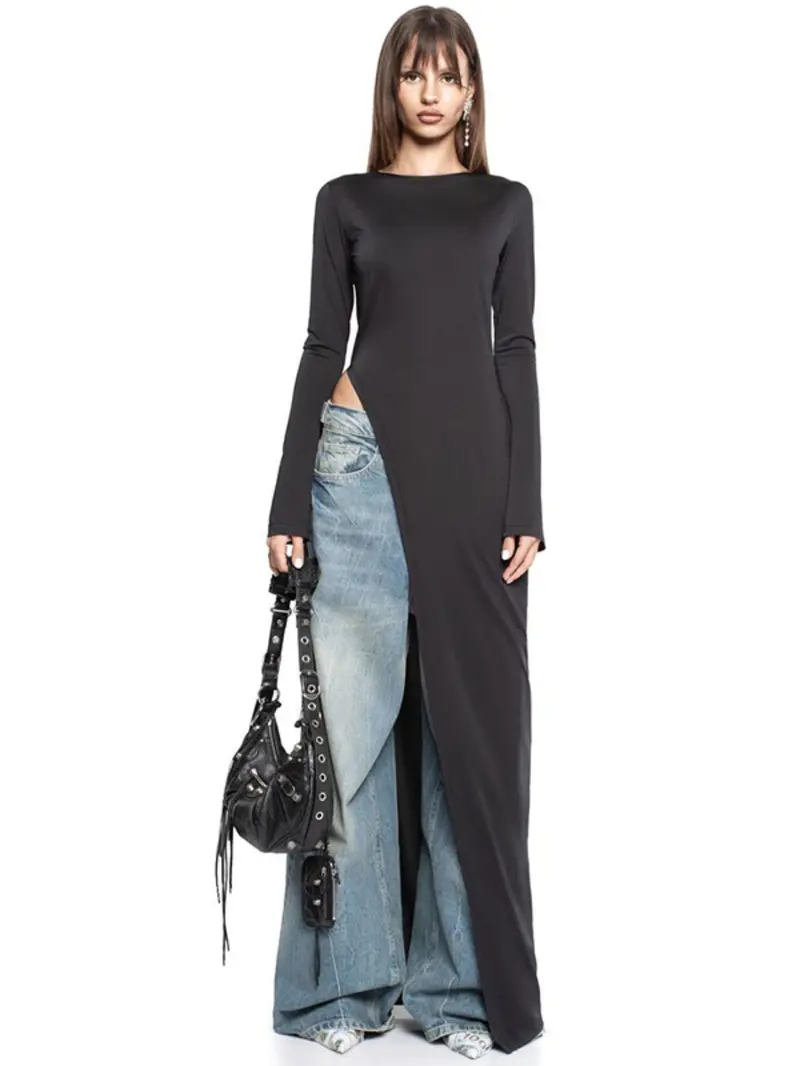 Women's Plain Asymmetrical Split Hem Slit Design Boat Neck Dress, Casual Long Sleeve Dress for Spring & Fall, Women's Clothing for Daily Wear Women's Plain Asymmetrical Split Hem Slit Design Boat Neck Dress, Casual Long Sleeve Dress for Spring & Fall, Women's Clothing for Daily Wear