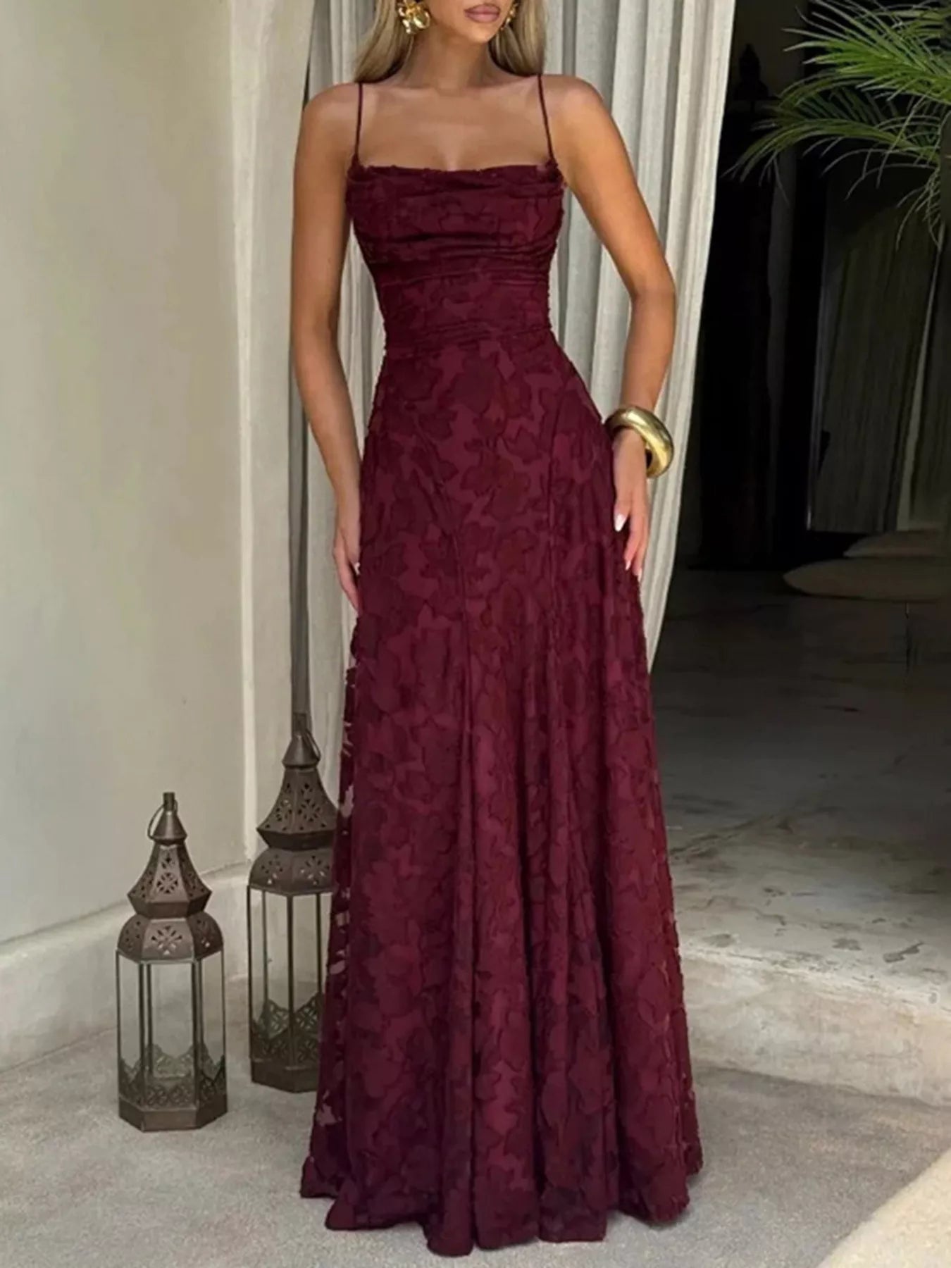 Floral Lace Spaghetti Strap Evening Maxi Dress | 3 Colors-Tactilefable