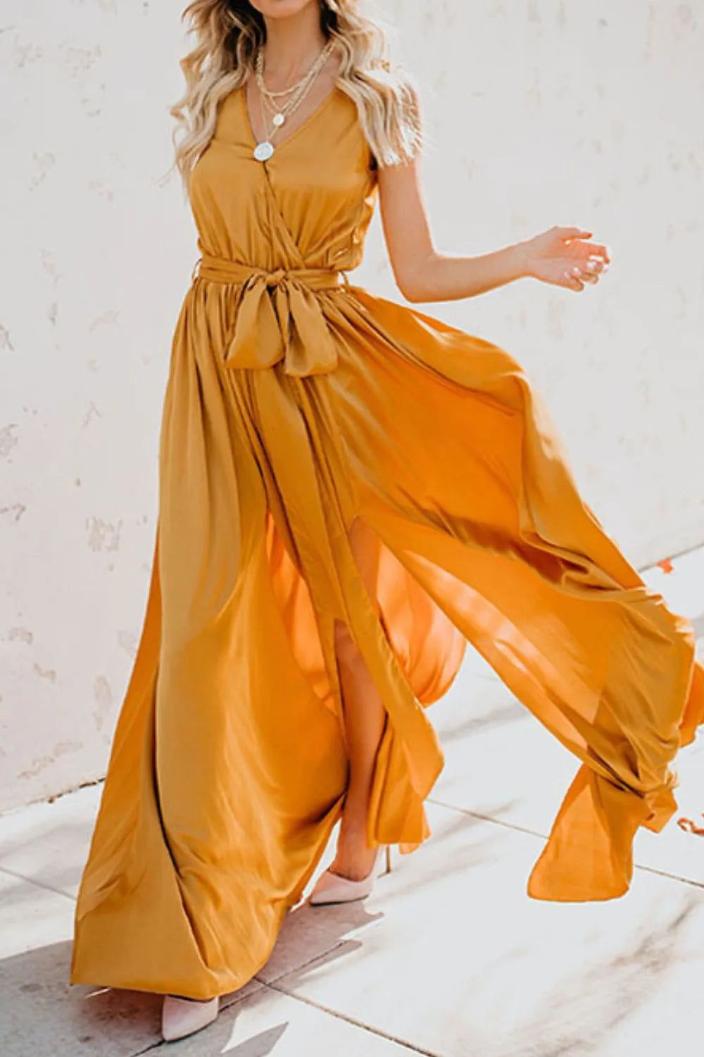 Gilded Hour Surplice Tie Waist Maxi Dress | 3 colors | Poundton-Tactilefable