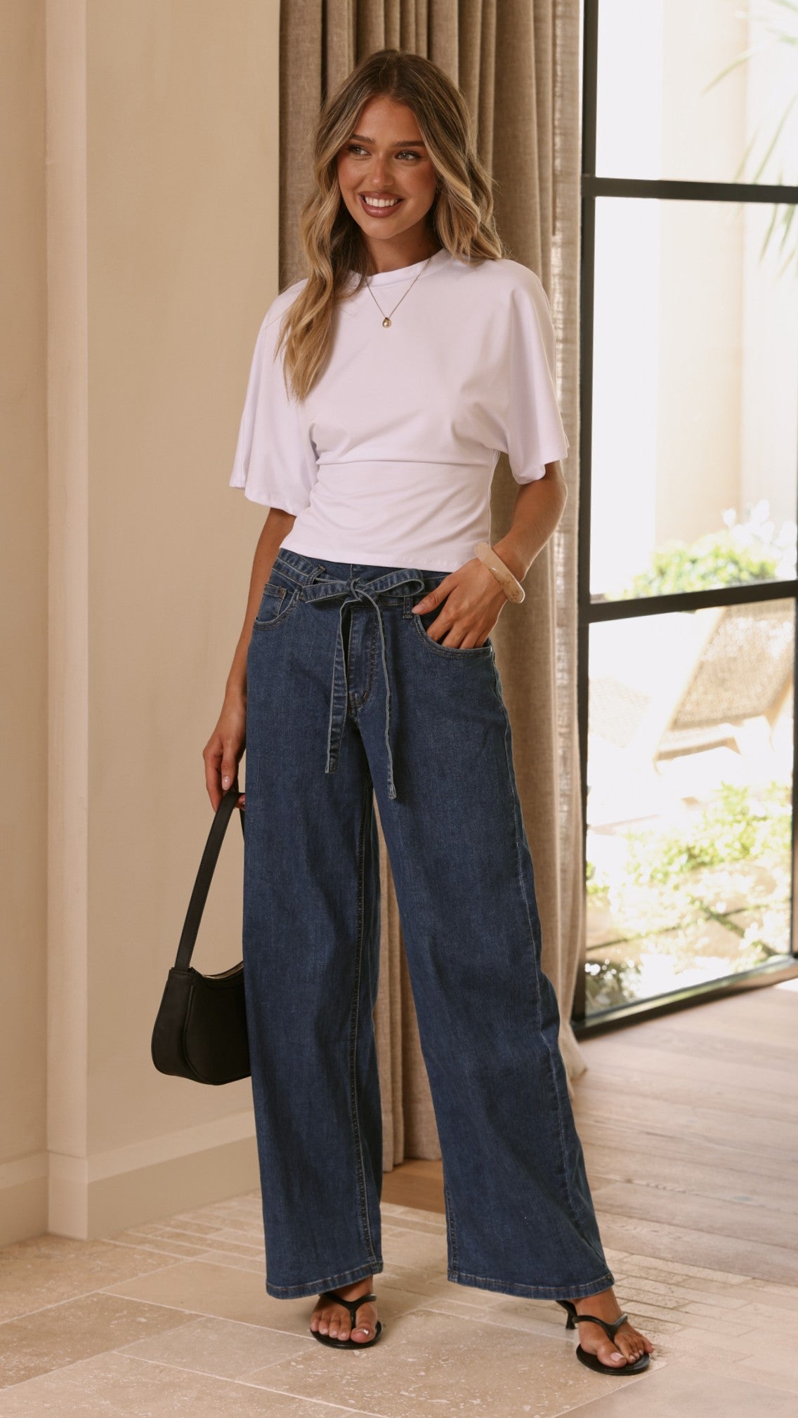 Vicky Tie Waist Straight Leg Jeans - Dark Wash-Tactilefable