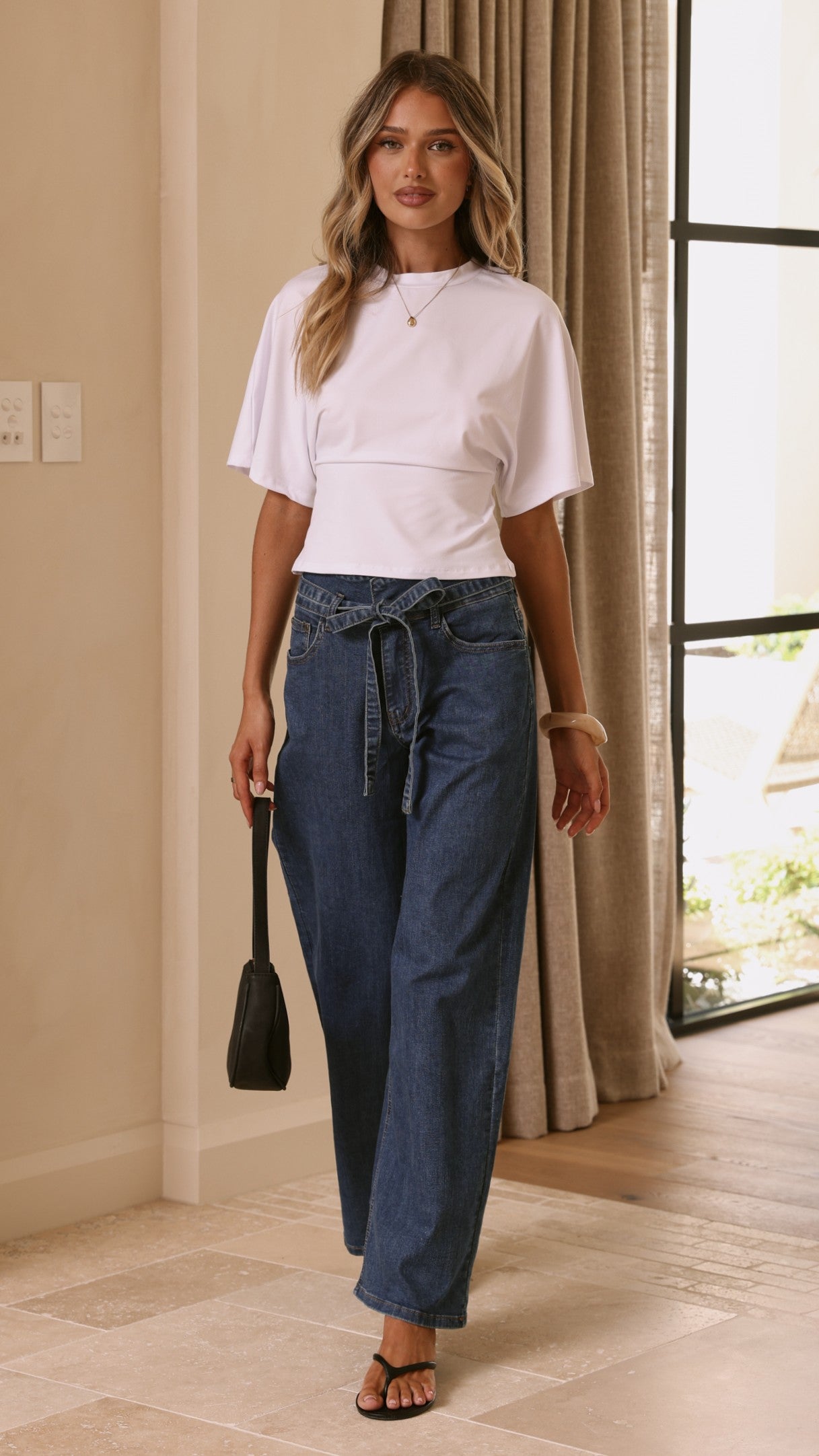 Vicky Tie Waist Straight Leg Jeans - Dark Wash-Tactilefable