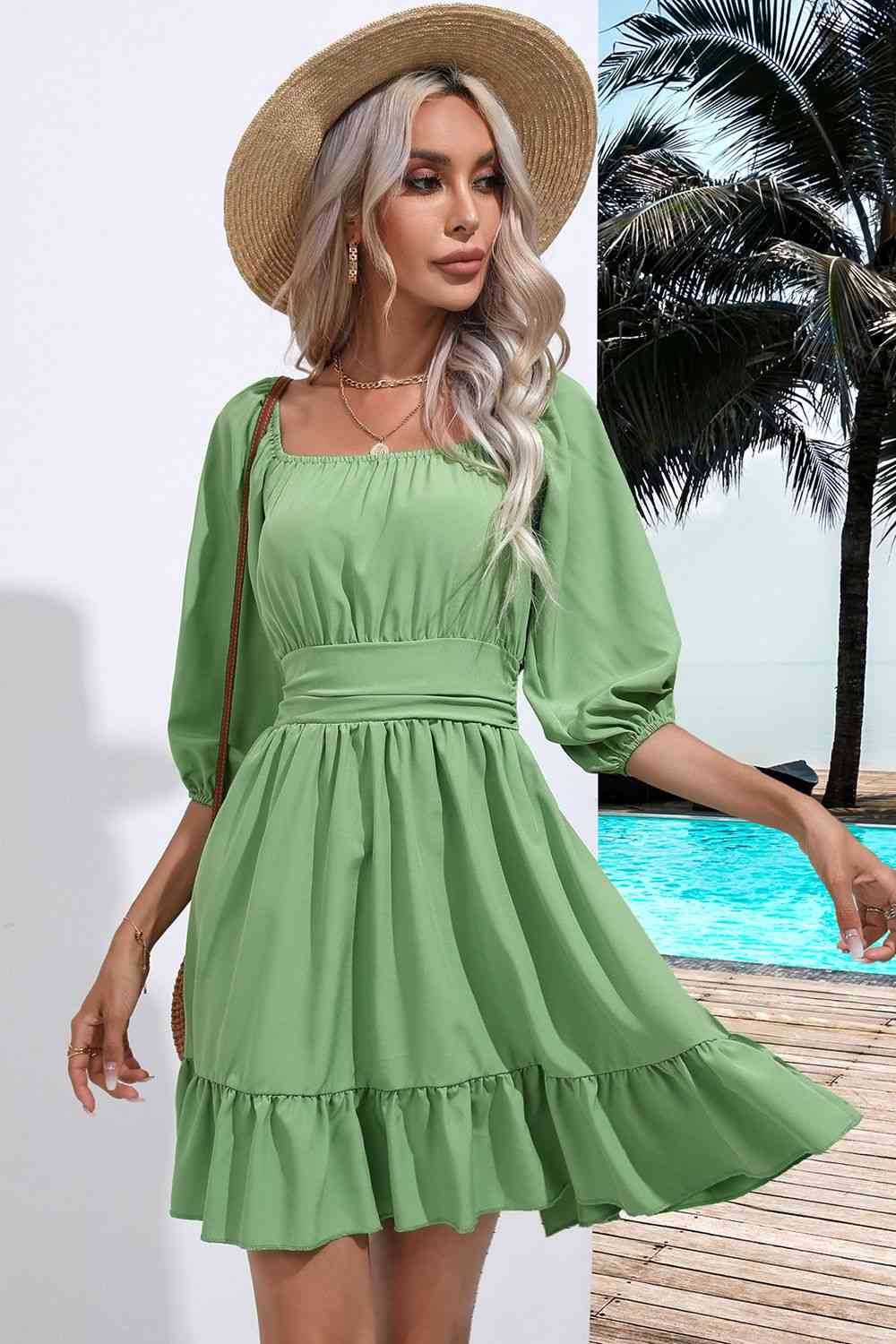 Sofia Square Neck Tie Back Ruffle Hem Mini Peasant Dress | 5 Colors | Poundton-Tactilefable