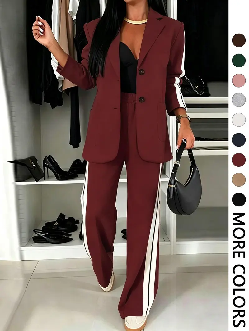 Women's Fall Winter Suit Set, Blazer + Wide Leg Striped Pants, Casual Daily Wear, Home & Outdoors Essential, Includes Pockets