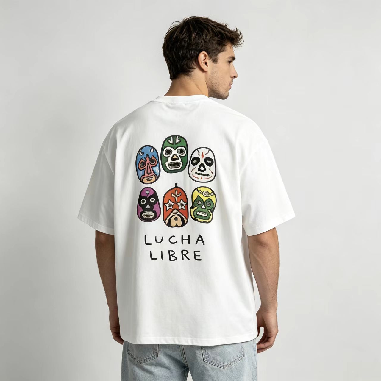 Men’s Cotton Lucha Libre Wrestler Mask Graphic Crew Neck Short Sleeve Tee-Tactilefable