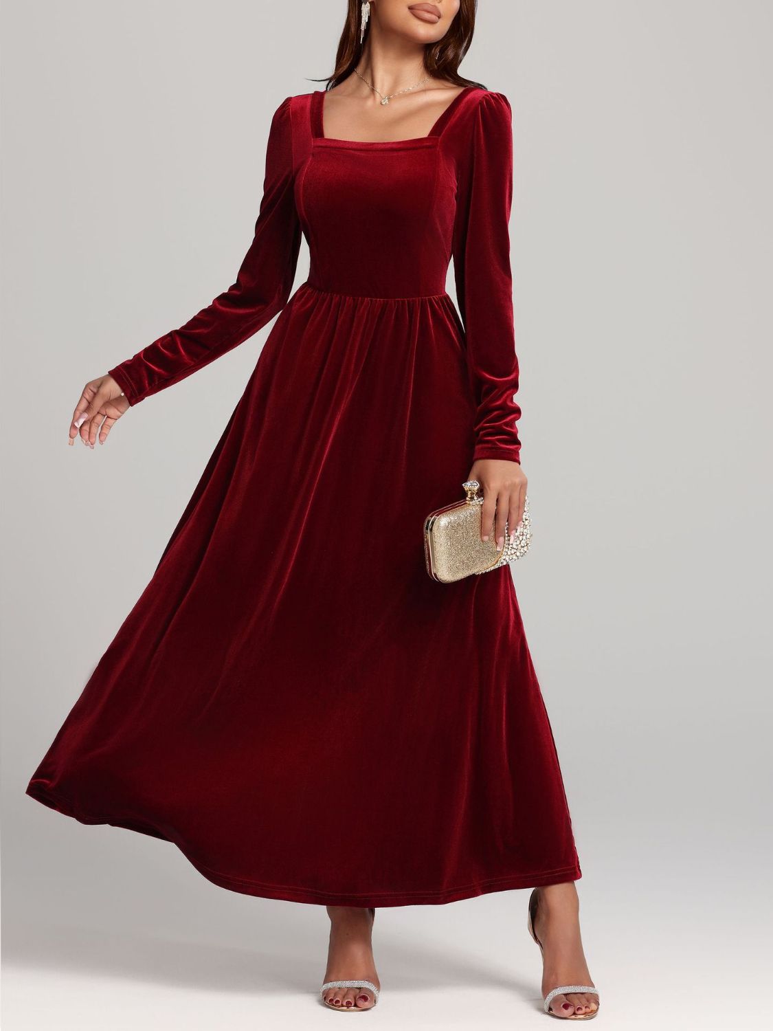 Faerie Velvet Square Neck Long Sleeve Dress | 4 Colors | Poundton-Tactilefable