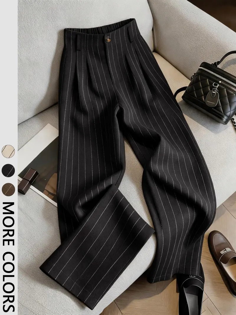Women's Striped Suit Pants, High Waist Elastic Waist Conceal Hip Straight Leg Long Trousers, Business Casual Loose Fit for Work and Daily Wear