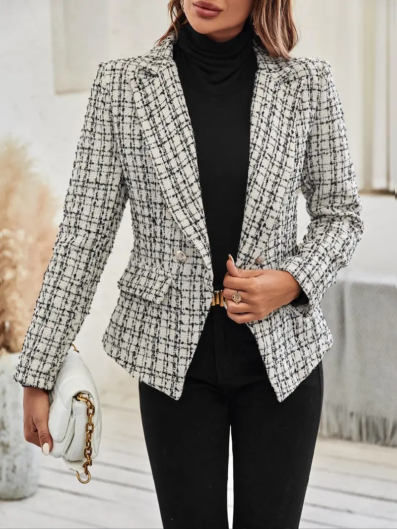 Women's Plaid Print Double Button Flap Detail Lapel Trendy Fashion Blazer, Casual Long Sleeve Outerwear for Fall & Winter, Ladies Clothes for Work Office Business, Elegant