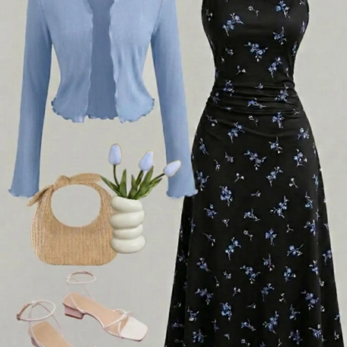 Conjunto de Dos Piezas: Cárdigan de Punto y Vestido de Tirantes