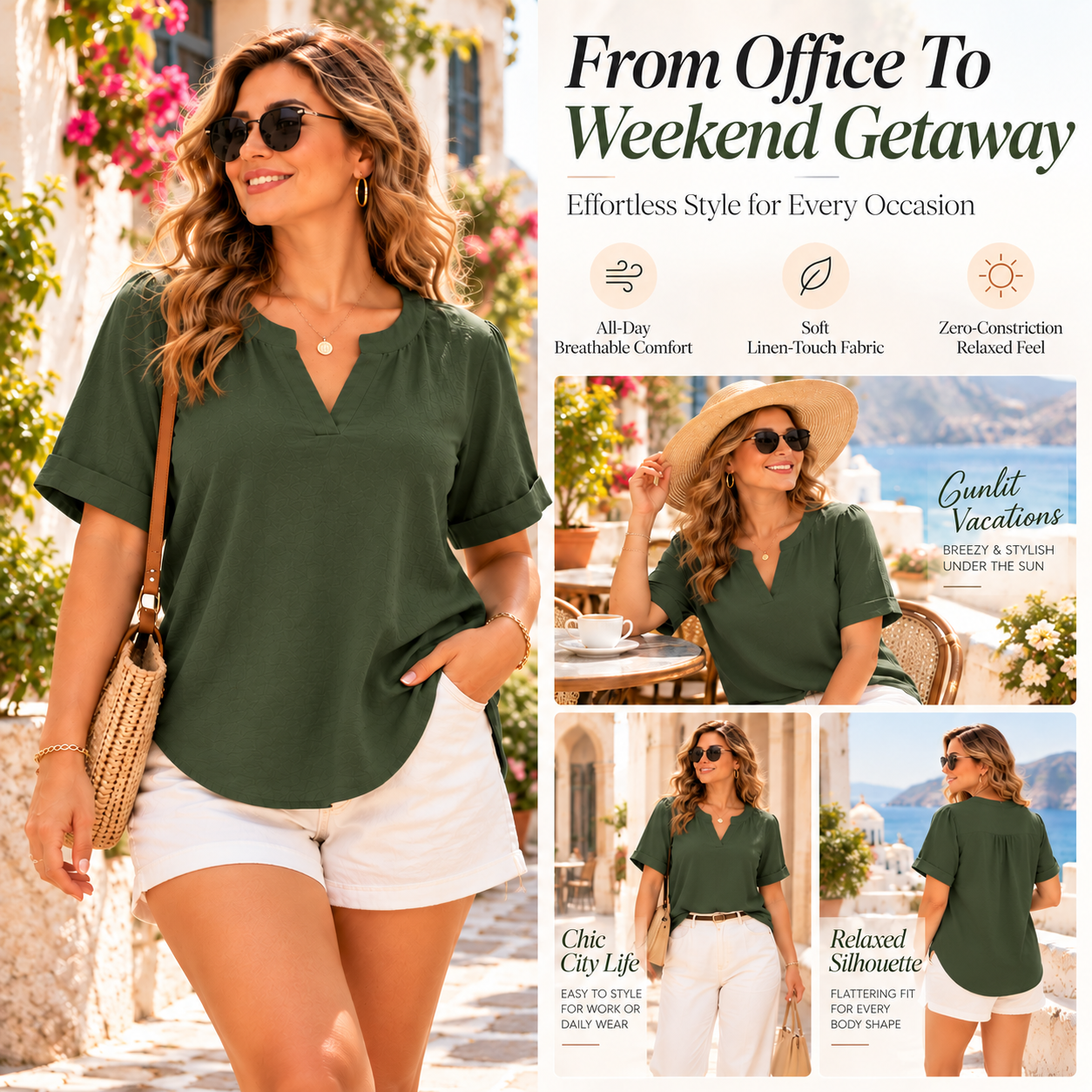 Notch Neck Rolled Cuff Blouse-Tactilefable