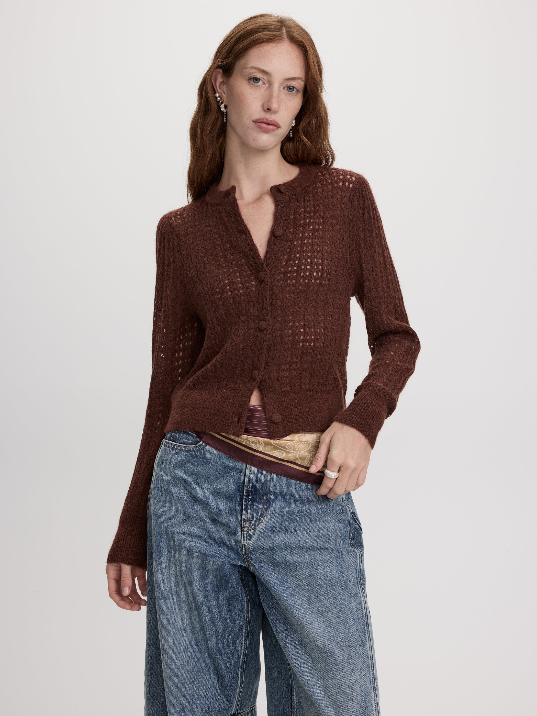 Long-Sleeve Crew-Neck Cardigan with Open Stitches-Tactilefable
