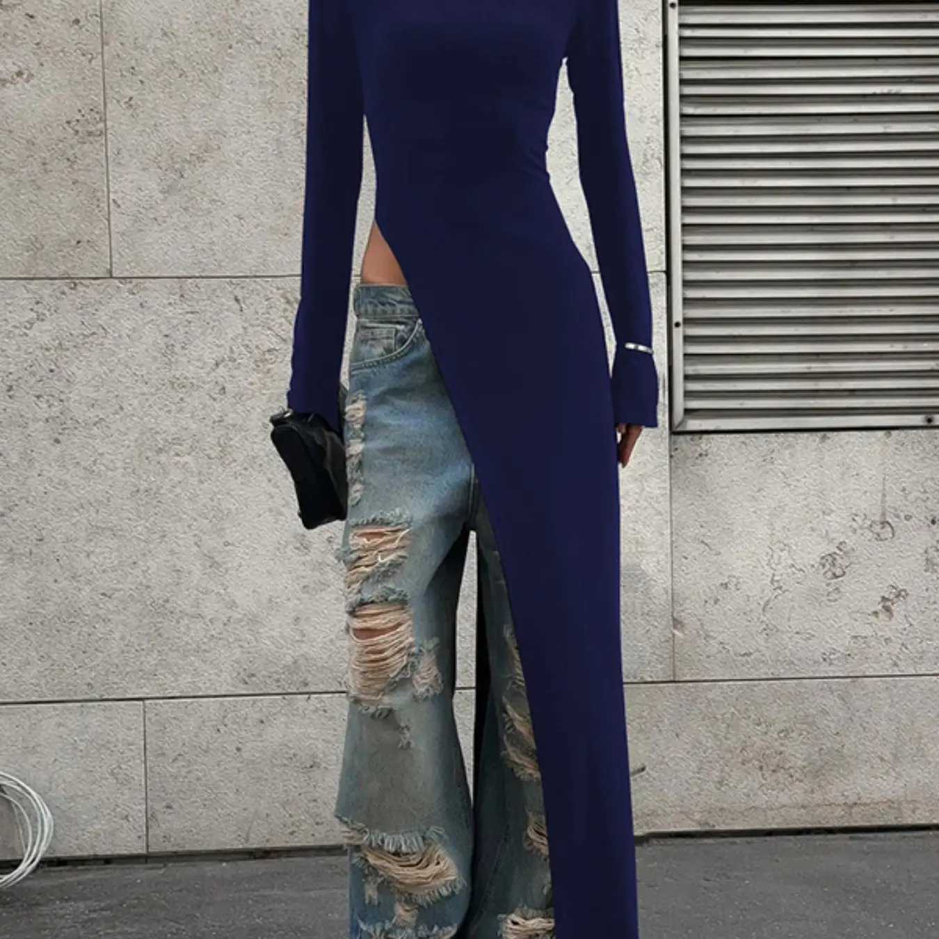 Maxiblusa Asimétrica con Abertura Alta y Escote Barco
