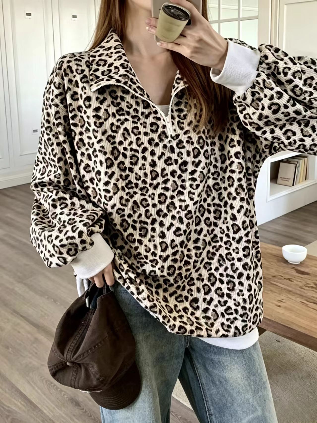 Women's Leopard Print Ribbed Half Zip Sweatshirt, Oversized Long Sleeve Polo Pullover-Tactilefable