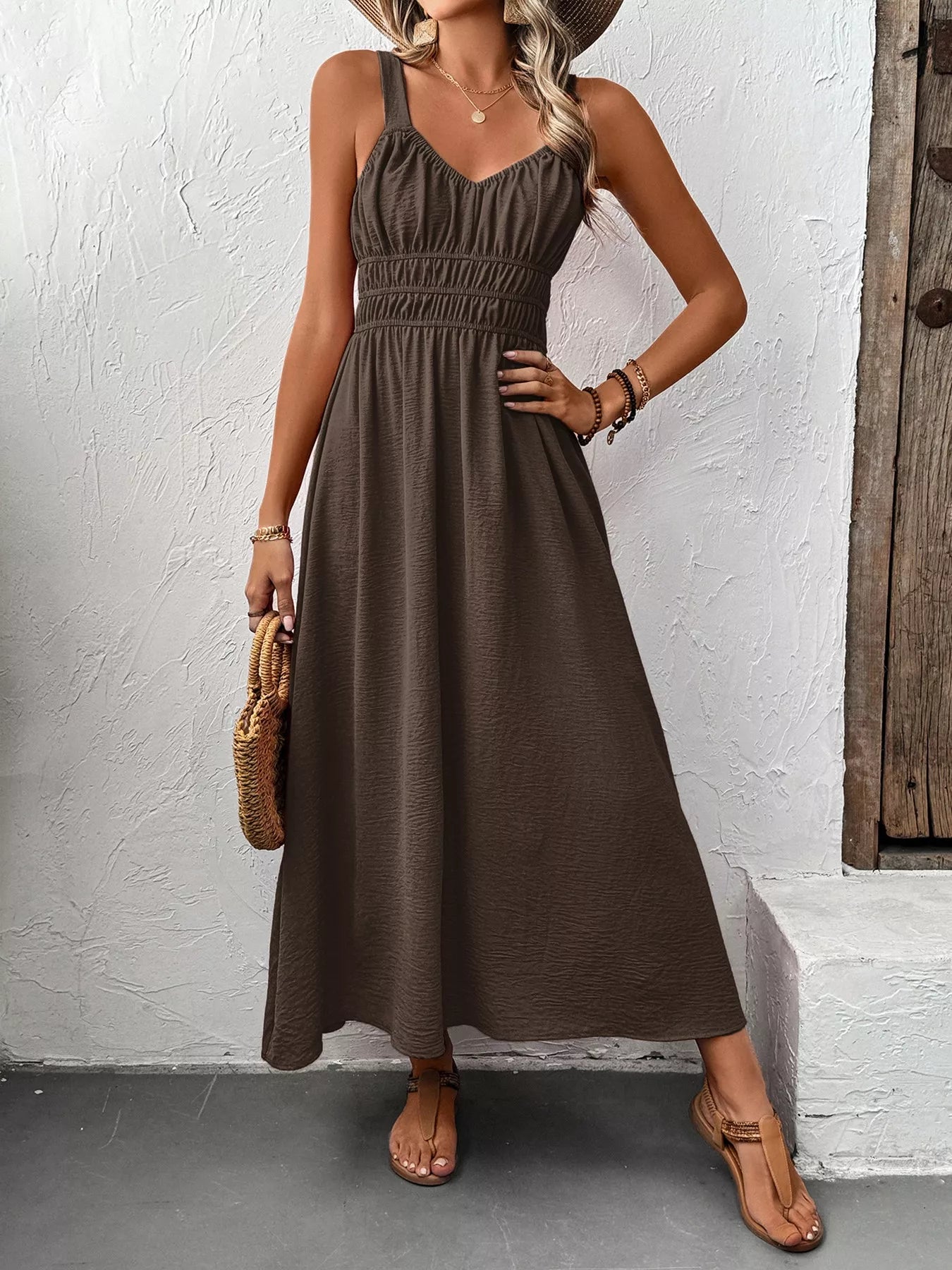 Smocked Sundress Midi | Light Blue or Coffee Brown-Tactilefable